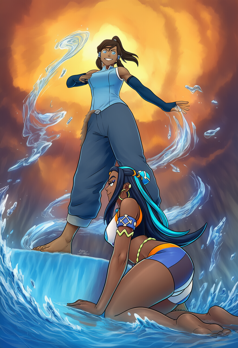2girls ai_generated avatar_legends barefoot clothing dark_skinned_female female female_only foot_focus from_below kneeling korra looking_down nessa_(pokemon) pokemon rurina_(pokemon) the_legend_of_korra throne waterbending worshiping