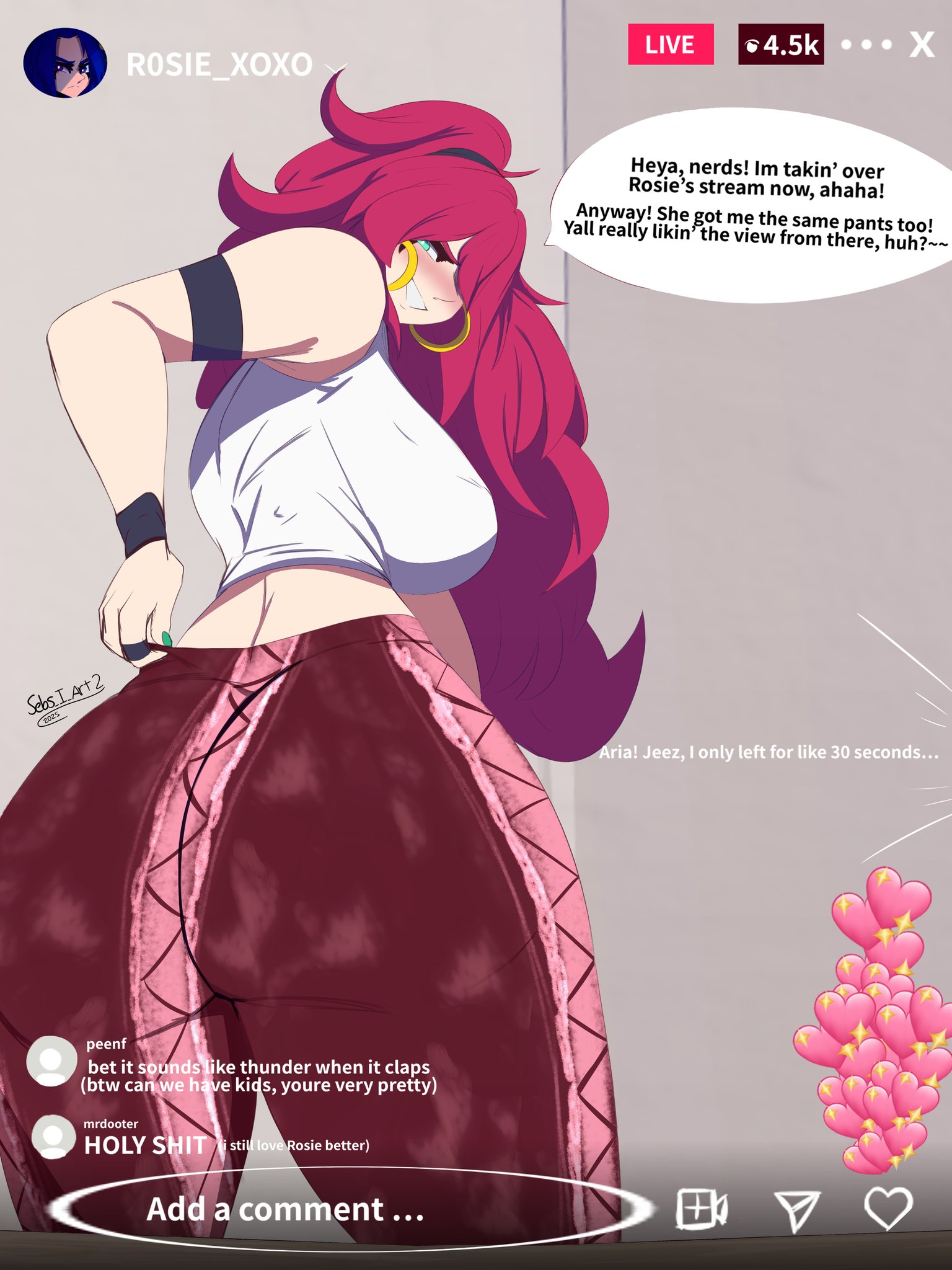 1girls, aria (sebs i art), ass, ass focus, big ass, big breasts, breasts, clothed, earrings, female, female focus, female only, flare pants, forbidden pants, from behind, green eyes, hoop earrings, huge ass, huge breasts, livestream, looking at viewer, looking back, pants, ponytail, red hair, sebs i art, smile, solo, solo female, solo focus, thick, thick ass, thick thighs
