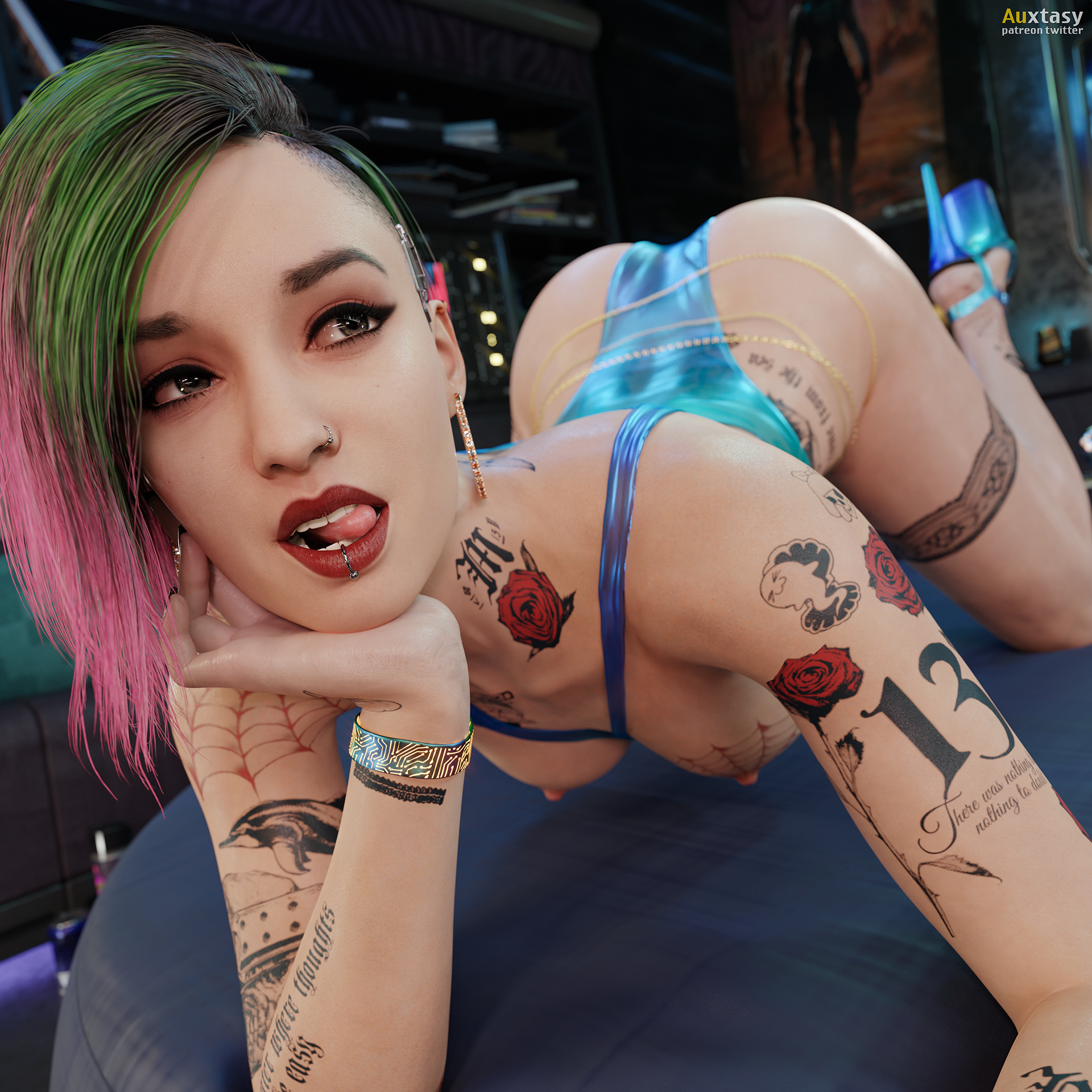 1girls, 3d, ass, auxtasy, biting tongue, blender cycles, breasts, breasts out, cd projekt red, cyberpunk 2077, female, high heels, jewelry, judy alvarez, leotard, lip piercing, makeup, multicolored hair, nipples, piercing, platform heels, red lipstick, sidecut, solo, swimsuit, tattoos, tongue, tongue out