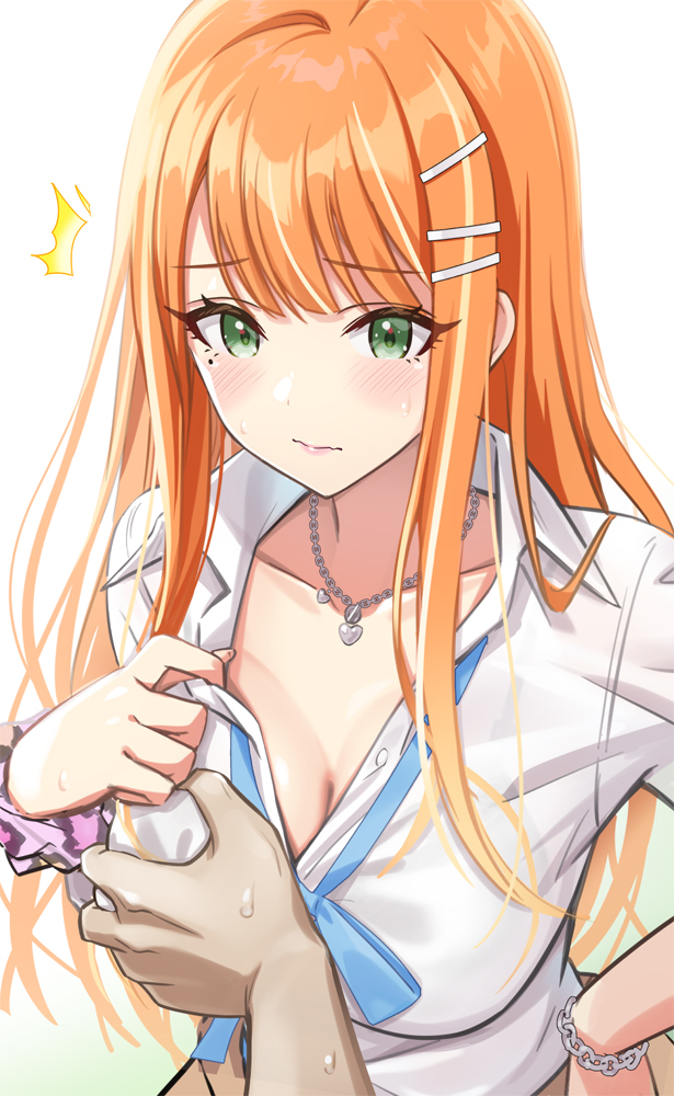 1boy ^^^ adjusting_shirt animal_print blue_bow blue_bowtie blush bow bowtie breasts chain_bracelet chains cleavage clothes_around_waist collarbone collared_shirt dress_shirt female gakuen_idolmaster grabbing_another's_breast green_eyes groping gyaru hair_ornament hairclip hand_on_own_hip hatsuboshi_gakuen_school_uniform heart heart_necklace idolmaster jewelry kogal leopard_print long_hair looking_at_viewer loose_bowtie male medium_breasts mole mole_under_eye multicolored_hair necklace orange_hair partially_unbuttoned pink_scrunchie pov pov_hands print_scrunchie school_uniform scrunchie shirt shiun_sumika solo_focus streaked_hair sweat sweater sweater_around_waist upper_body urabi_(tomatohouse) wavy_mouth white_shirt wrist_scrunchie