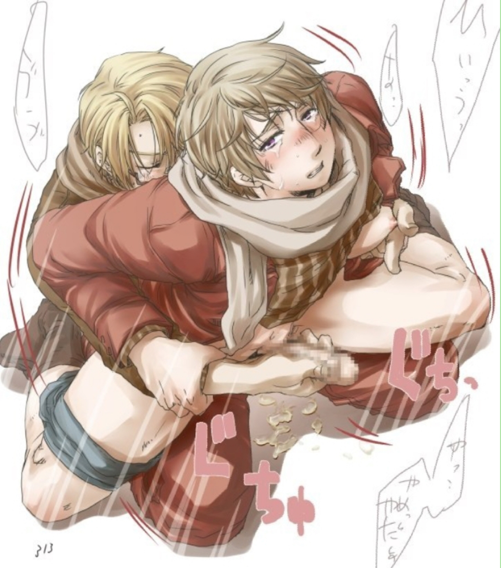 alfred jones, america (hetalia), axis powers hetalia, handjob, hetalia, ivan braginski, looking at viewer, male, male only, male/male, nipple pinch, reach around, russia (hetalia)