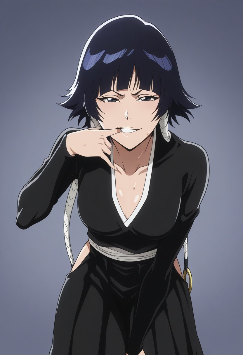 ai generated, black hair, bleach, civitai, clothing, female, finger in mouth, pose, seductive, soifon, sui-feng