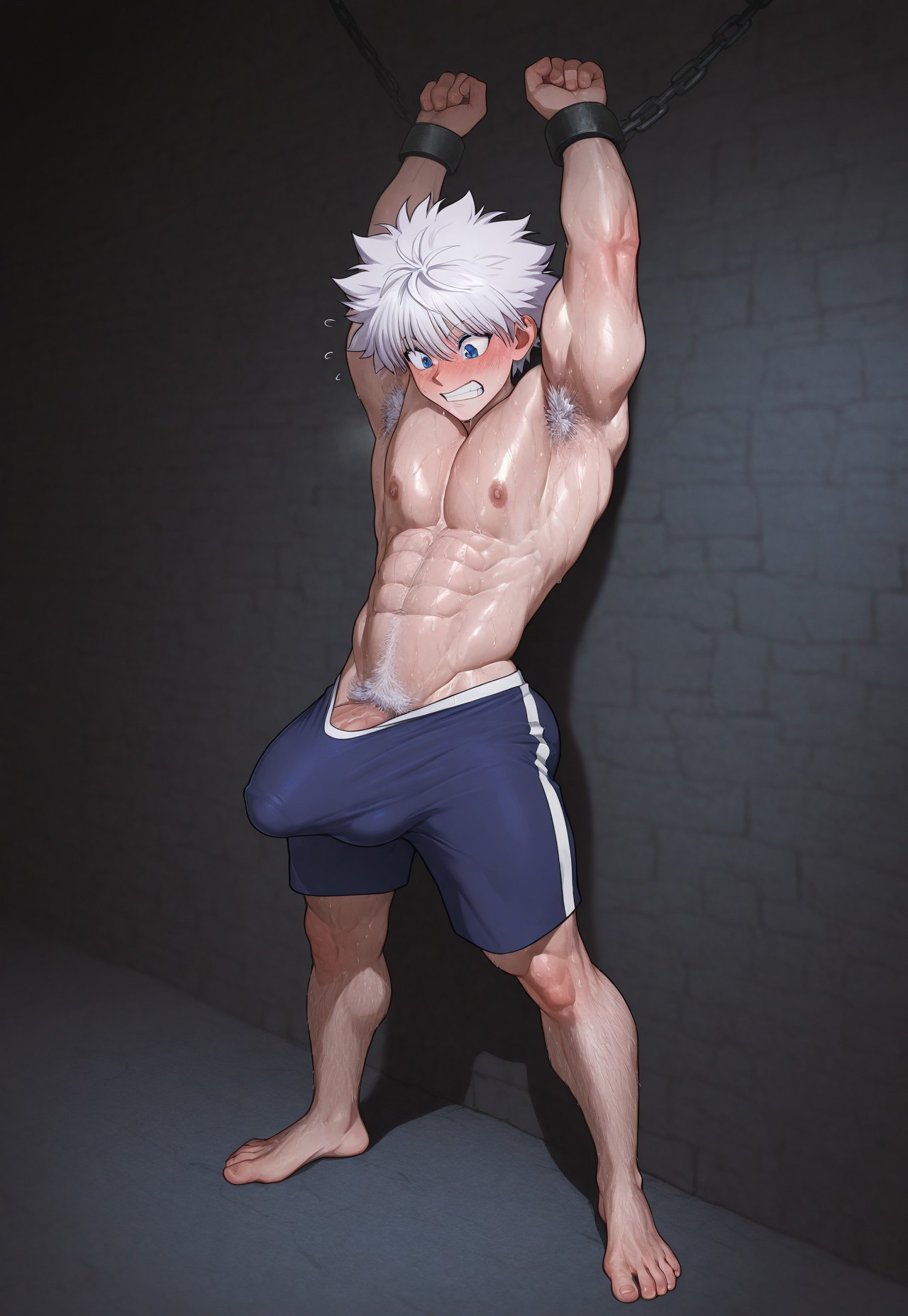 abs, ai generated, ankles bound, biceps, blue eyes, blue shorts, booty shorts, bulge, bulge through clothing, bushy pubes, chained up, chains, defined muscles, erection, ginger himboo, hairy, hairy abs, hairy armpits, hairy legs, hairy male, hairy thighs, hunter x hunter, killua zoldyck, male, male only, muscles, muscular, muscular arms, muscular chest, muscular male, muscular thighs, pecs, pectorals, pubic hair, sweatdrop, sweaty, sweaty body, tenting, thick thighs, tight clothing, white body hair, white hair, wrists bound