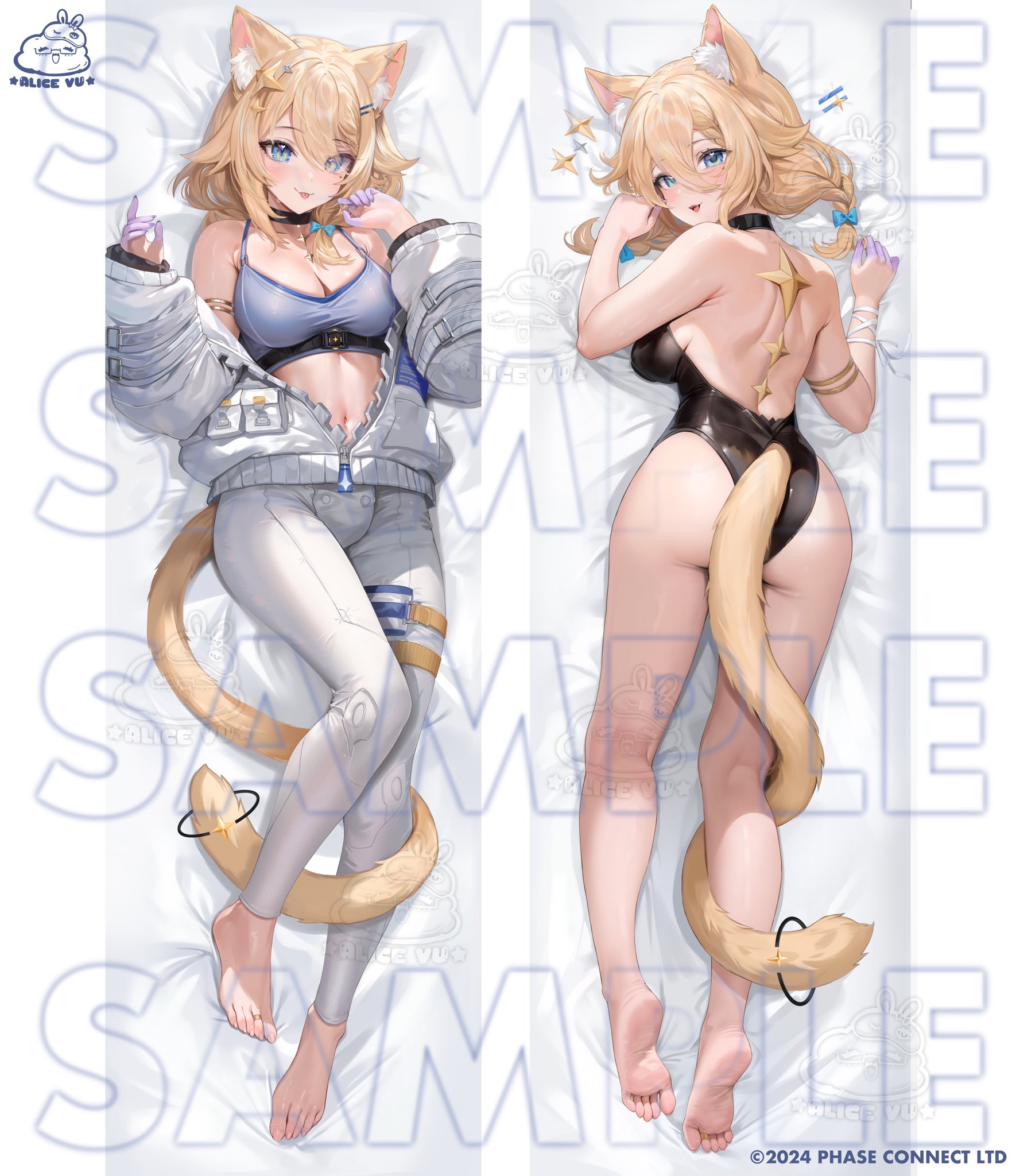 1girls, alicevu134, ass, back, blonde hair, body pillow, bodypillow, bra, breasts, bunnysuit, cat ears, cat tail, catgirl, cleavage, clothing, dakimakura, dakimakura design, feet, female, jacket, kaneko lumi, legs, lying, lying on back, open jacket, phase connect, soles, thighs, twintails, virtual youtuber, vtuber
