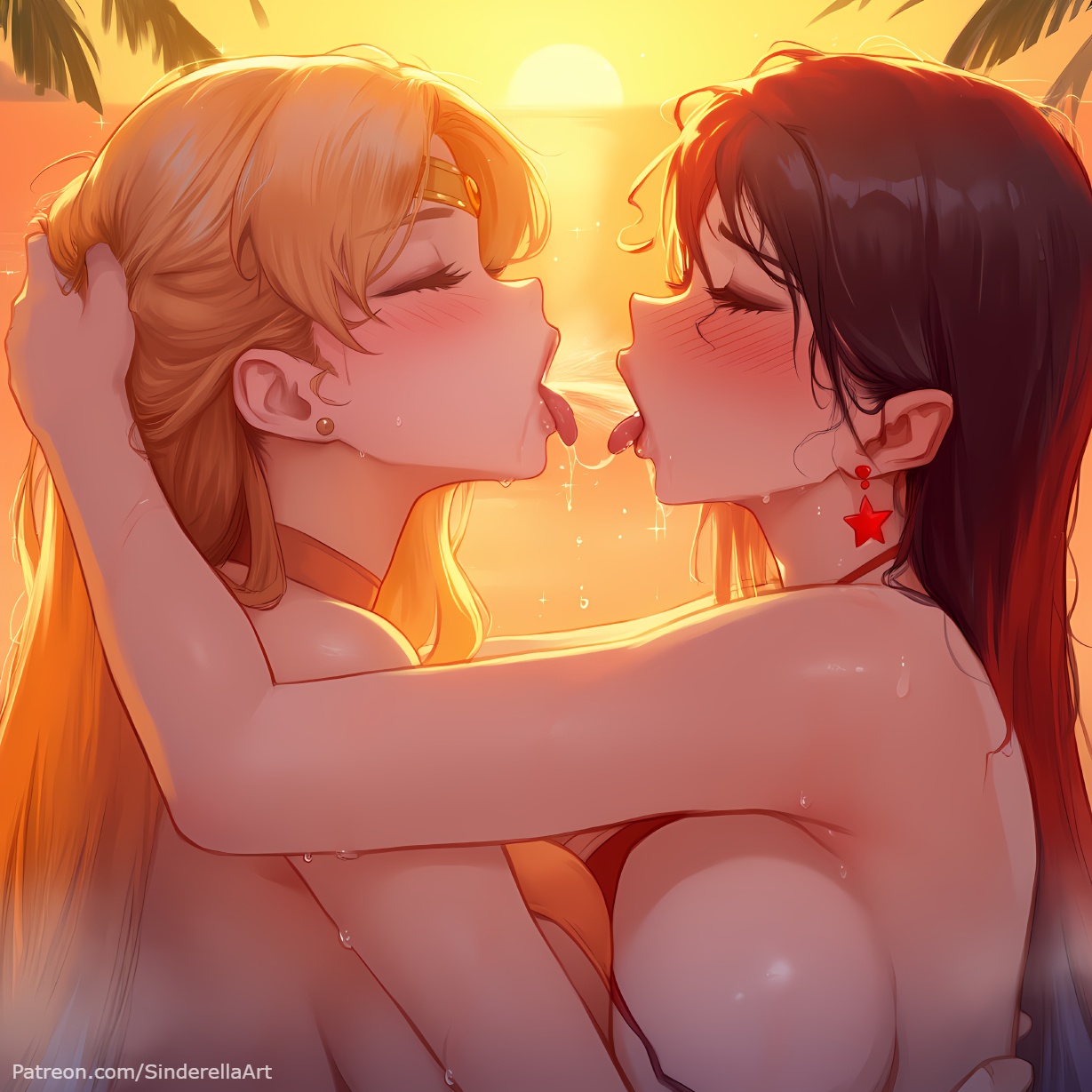 2girls, ai generated, bishoujo senshi sailor moon, breasts, busty, commission, female, huge breasts, kissing, micro bikini, minako aino, patreon, patreon url, patreon username, rei hino, sailor mars, sailor venus, sinderellaart, spitting, thick, voluptuous, yuri