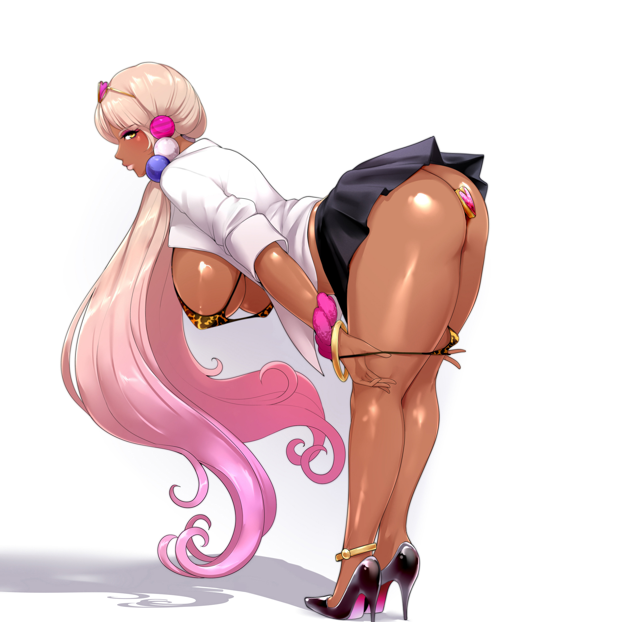 1girls, anal plug, ass, bending over, bimbo, bimbo body, blonde hair, breasts, brown skin, buttplug, buttplug in ass, dark skin, dark-skinned female, female, gyaru, heart buttplug, hi res, high heels, hololive, hololive english, hololive english -council-, huge ass, huge breasts, jewel buttplug, leopard print, leopard print bikini, lips, long hair, miniskirt, naughty face, nofuture, panties down, pink bottom heels, pink hair, removing panties, school uniform, schoolgirl, skirt, tan, tan-skinned female, tanned skin, tsukumo sana, twintails, two-tone hair, virtual youtuber