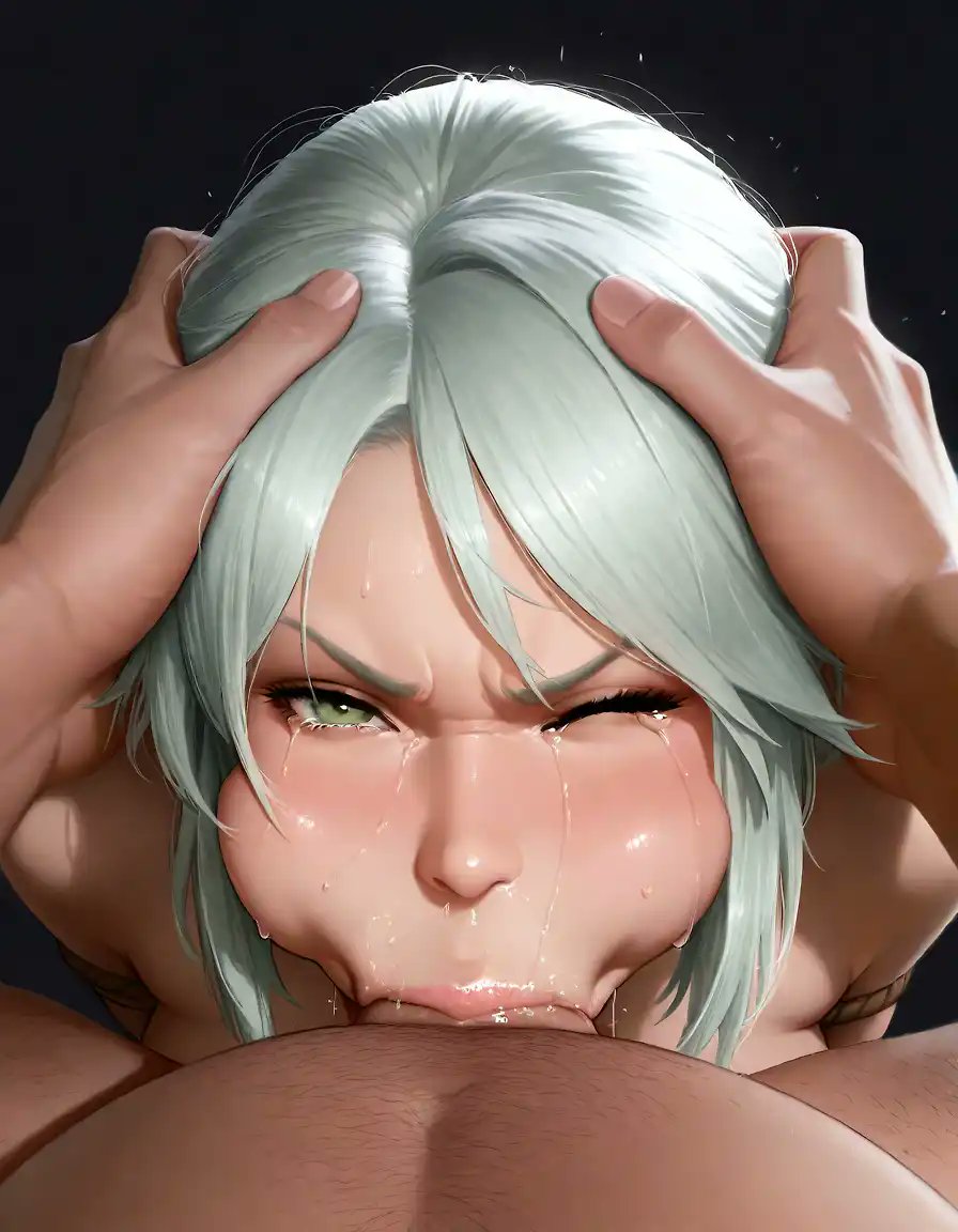 ai generated, blowjob, breasts, cd projekt red, ciri, completely nude, deepthroat, fellatio, female, green eyes, head grab, jaarulz, light skin, light-skinned female, light-skinned male, looking at viewer, male, mascara, nude, oral, oral sex, penis, saliva, sucking penis, tears, the witcher (series), the witcher 3: wild hunt, white hair