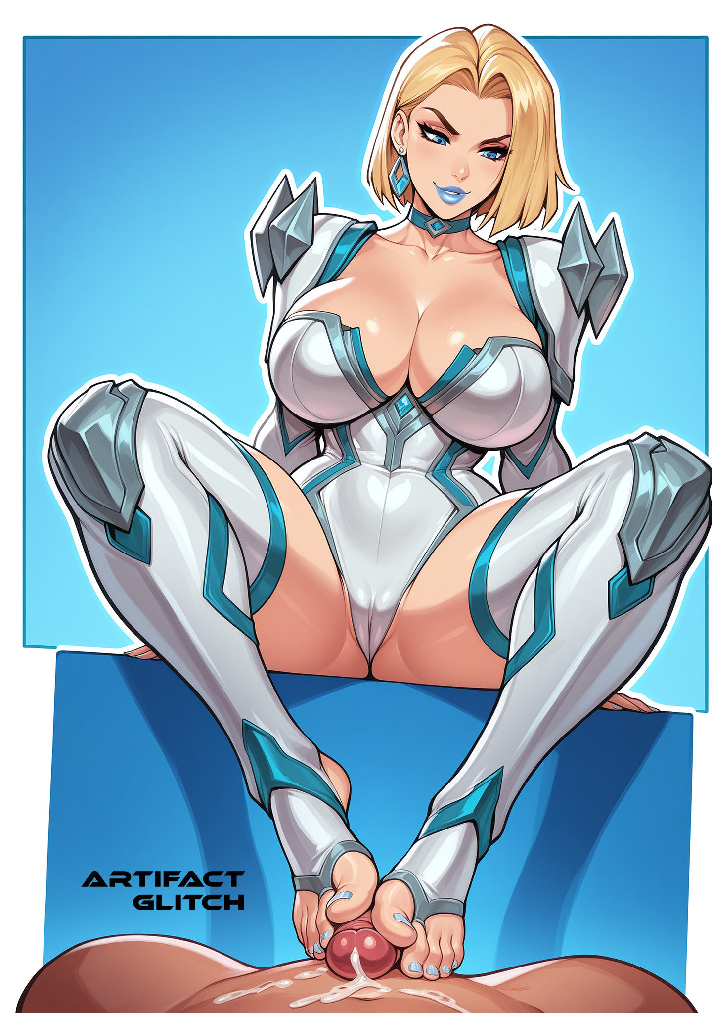 ai generated, artifactglitch, big breasts, blonde hair, blue nails, breasts, cameltoe, emma frost, emma frost (marvel rivals), female, footjob, footjob pov, footjob with legwear, marvel, marvel comics, marvel rivals, pov, pussy