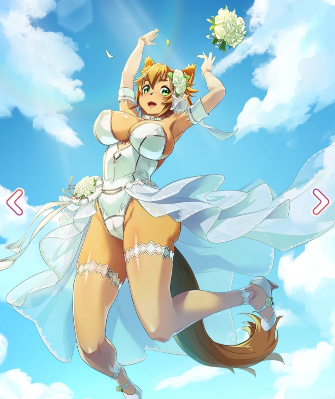 dog ears, dog girl, dog tail, female, heels, high heels, looking at viewer, monster musume no iru nichijou, polt, polt (monster musume), wedding band, wedding dress, white heels