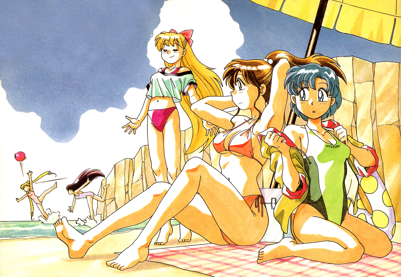 1990s (style), 5girls, alluring, ami mizuno, azuma kiyohiko, ball (object), barefoot, beach, beach umbrella, beachball, bikini, bishoujo senshi sailor moon, black hair, blonde hair, blue eyes, blue hair, breasts, brown eyes, brown hair, character name, cleavage, clothes writing, competition swimsuit, crop top, crop top overhang, cute, day, female, friends, green one-piece swimsuit, having fun, heel up, high ponytail, in the face, long hair, makoto kino, marker (medium), medium breasts, midriff, minako aino, multiple females, multiple girls, navel, off shoulder, official art, one piece swimsuit, outside, pink one-piece swimsuit, ponytail, rei hino, retro artstyle, sailor senshi, scan, seiza, side-tie bikini bottom, sitting, small breasts, summer, swimsuit, teenager, traditional media, twintails, umbrella, under boob, underboob, undressing, usagi tsukino, very long hair, wariza