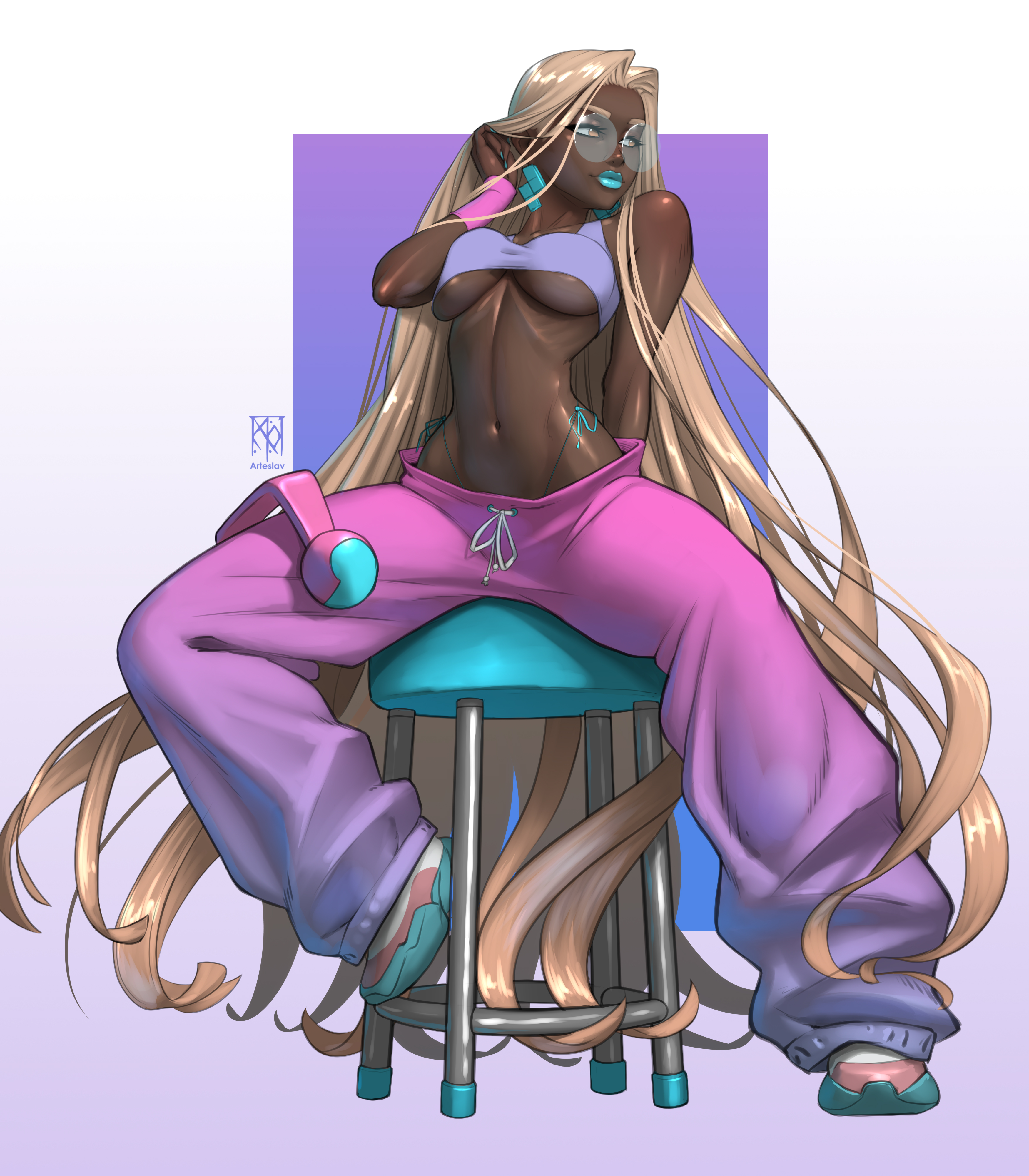 absurd res, absurdly long hair, arteslav, athma (arteslav), baggy clothing, baggy pants, blonde hair, blue lipstick, breasts, brown eyes, clothed, crop top, dark skin, dark-skinned female, earrings, eyeliner, female, full body, glasses, headphones removed, highleg, highleg panties, highres, looking away, medium breasts, navel, original, pink pants, purple sports bra, rimless eyewear, round glasses, side-tie panties, sitting, sneakers, sports bra, spread legs, stool, stool (chair), streetwear, toned, toned female, underboob, very dark skin, very long hair