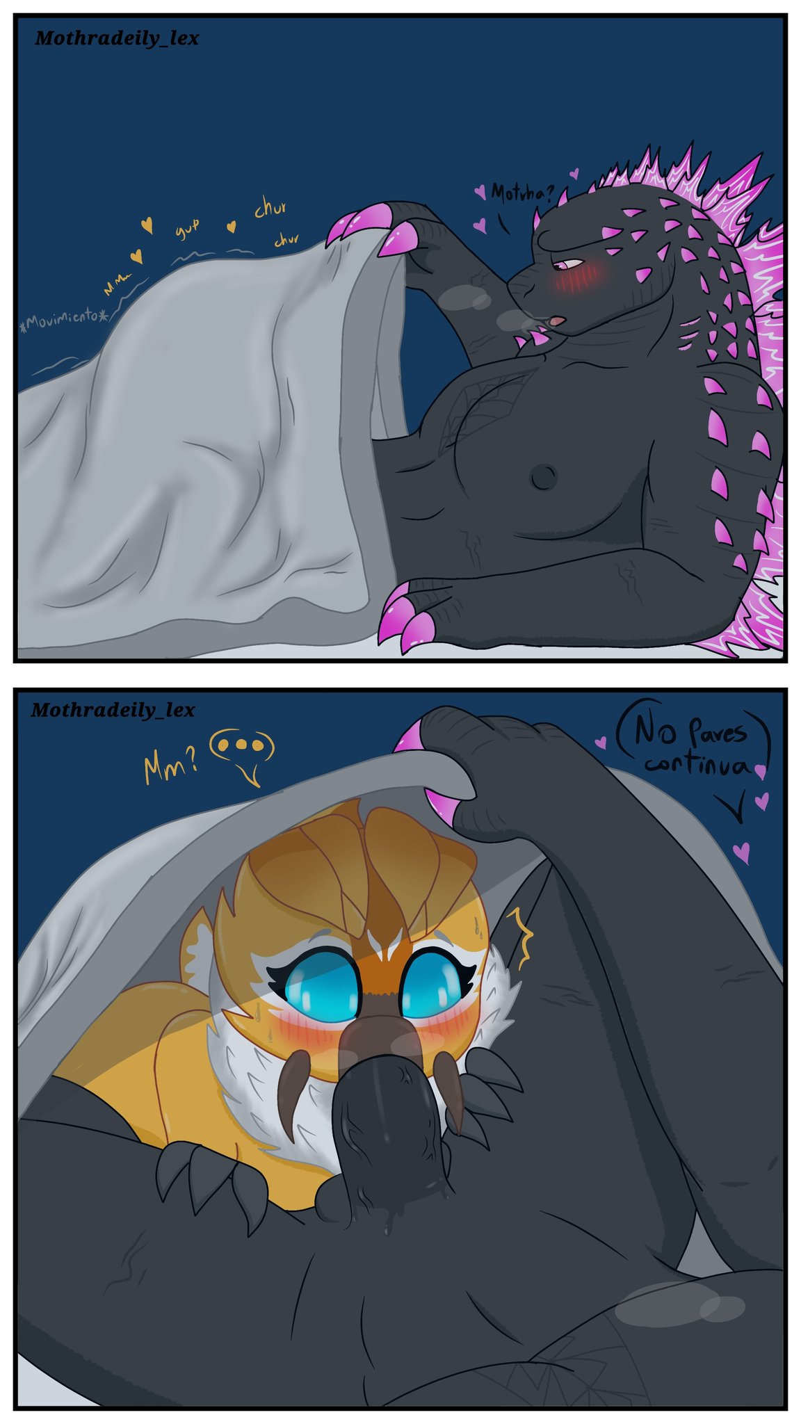 adorable face, blush, cock in mouth, getting caught, godzilla, godzilla (series), in bed, looking at another, looking at camera, looking down, looking under blanket, male, mothra, mothra (series), mothradeily lex, penis, plain background, question mark, speech bubble, spread legs, sucking cock, sucking penis, talking to partner, toho, toho (film company), under blanket, wholesome sex, woken up
