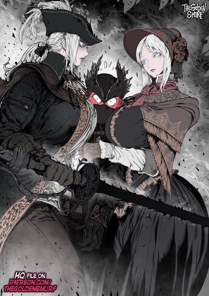 1boy, 2d, 2girls, big breasts, bloodborne, bonnet, breasts, busty, child bearing hips, clothed, doll, doll girl, dress, face mask, female, fromsoftware, fully clothed, hat, hips, huge breasts, hunter (bloodborne), lady maria of the astral clocktower, large breasts, light skin, light-skinned female, low res, male, mask, pale skin, pale-skinned female, plain doll, shawl, silver hair, sword, the hunter (bloodborne), the old hunters, thegoldensmurf, thick, weapon, white hair, wide hips