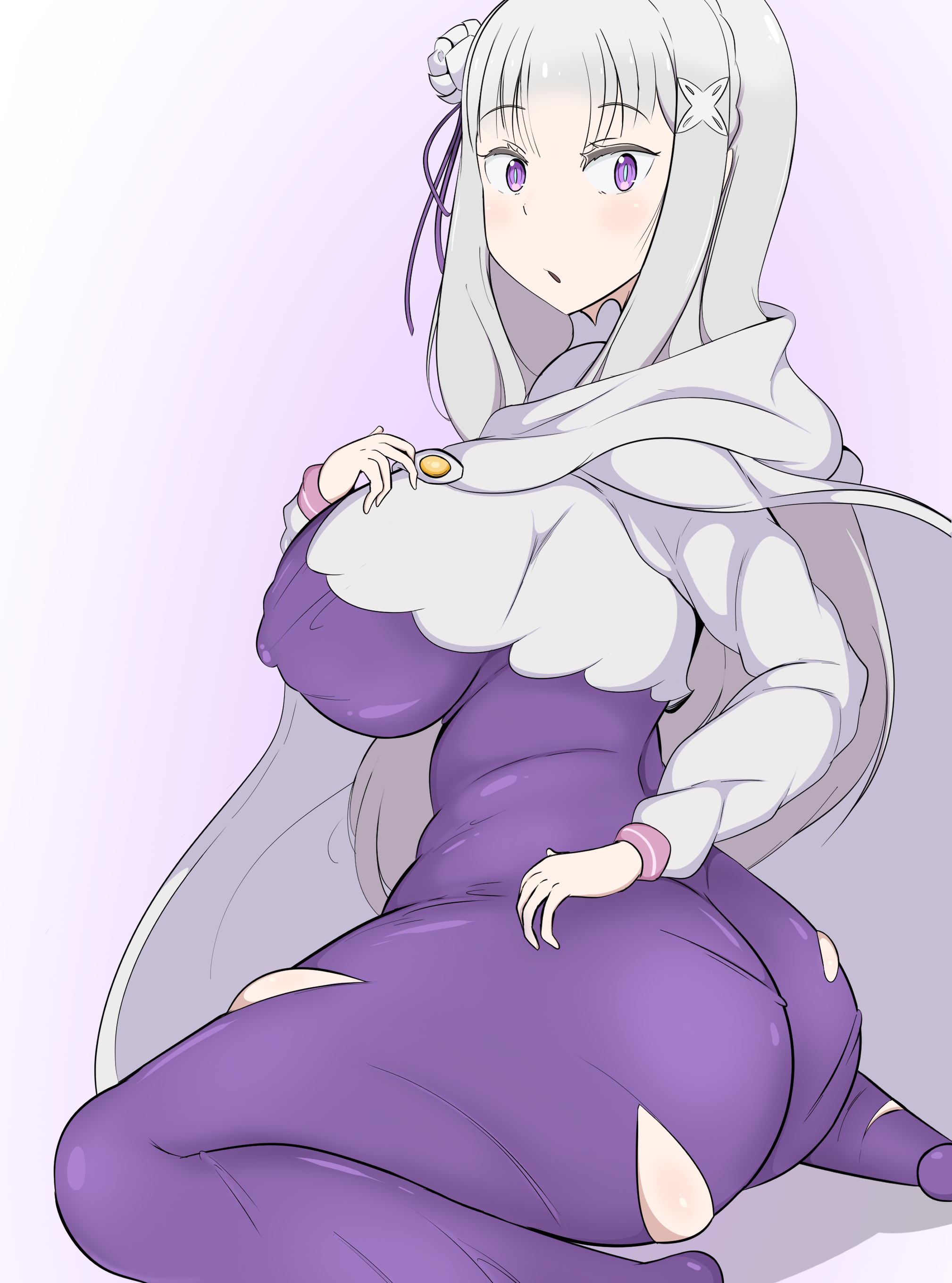 ass, big breasts, breasts, emilia (re:zero), erect nipples, erection, female, leo el random, nipples, re:zero kara hajimeru isekai seikatsu, solo, unitard