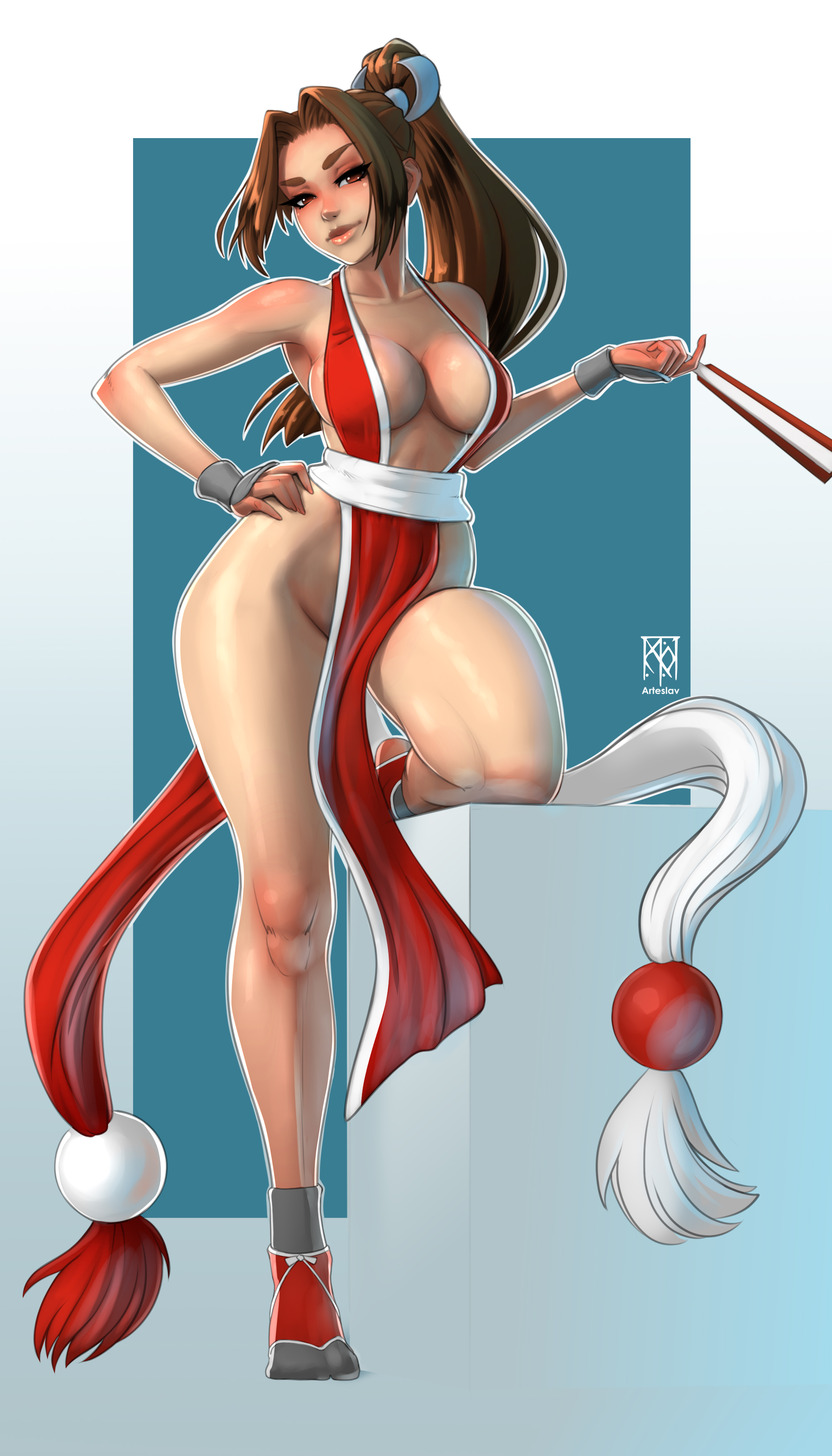 1girls, absurd res, ankle socks, anklehighs, arteslav, black socks, breasts, brown eyes, brown hair, cleavage, clothed, fatal fury, female, folding fan, hair intakes, hand on hip, highres, king of fighters, kunoichi, leg up, legs, long hair, long legs, looking at viewer, mai shiranui, medium breasts, ninja, no bra, no panties, pelvic curtain, ponytail, revealing clothes, sash, socks, solo, standing on one leg, street fighter, street fighter 6, tabi socks, thick thighs, variant set