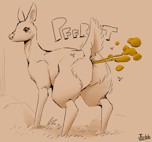 2022 all_fours anus arthropod artist_name ass barely_visible_anus black_eyes brown_fart_cloud deer ears_up eyelashes fart fart_cloud female feral flies_for_smell fly_(animal) grass insects jubb looking_at_viewer looking_back looking_back_at_viewer mammal motion_lines plant raised_tail rock simple_background solo sound_effects tail tan_background text vowelless vowelless_sound_effect