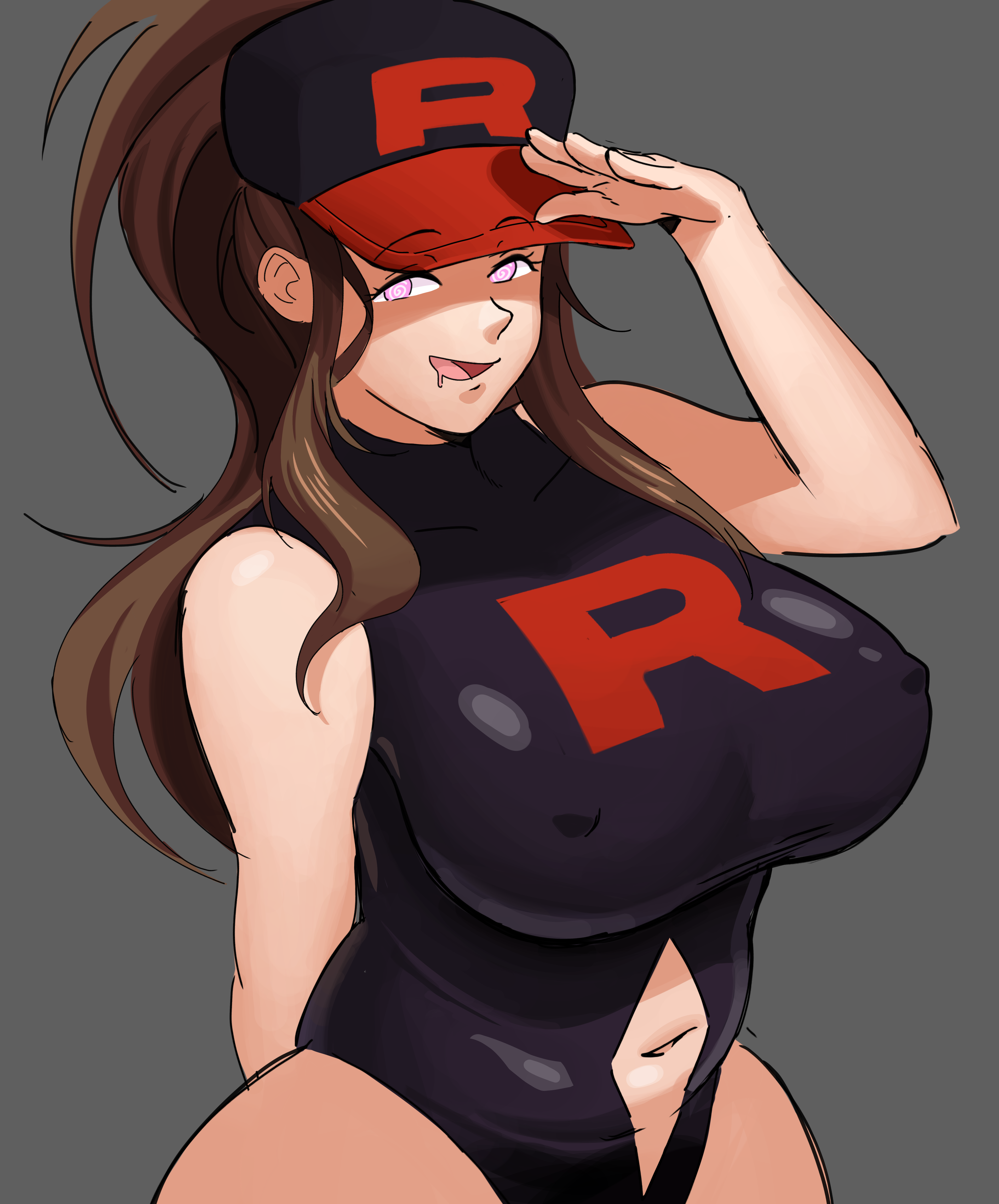 1girls, 2025, 2d, big breasts, brainwashed, breasts, corruption, curvy female, enemy conversion, female, female only, highres, hilda (pokemon), hypnosis, leotard, nipples visible through clothing, pokemon, pokemon bw, sandanshot, team rocket, thick thighs, wide hips