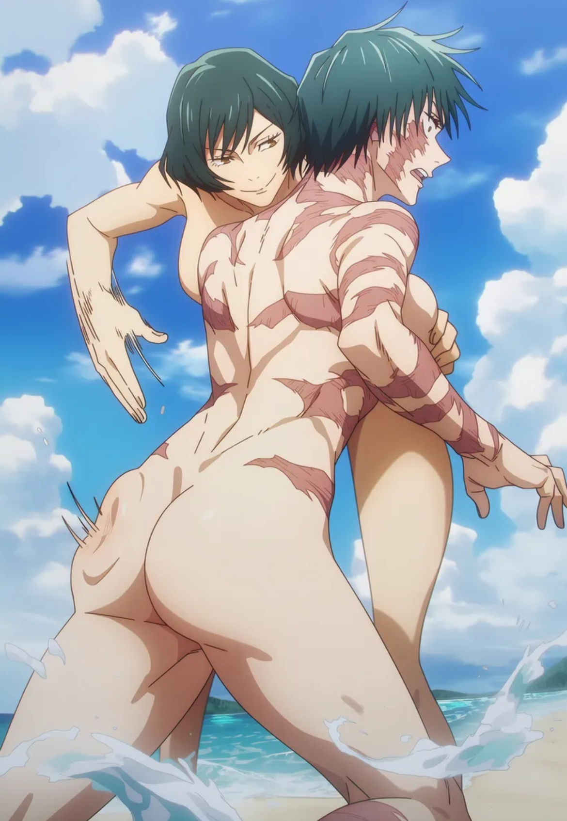 2girls, ai generated, big ass, female/female, green hair, incest, jujutsu kaisen, scars all over, short hair, sisters, slapping butt, yuri, zenin mai, zenin maki