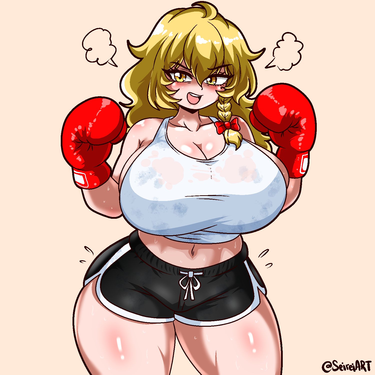 1girls, artist name, big breasts, blonde hair, boxing gloves, breasts, clothed female, female, huge breasts, light skin, light-skinned female, long hair, marisa kirisame, seireiart, shorts, solo, solo female, thick thighs, thighs, touhou, watermark, yellow eyes