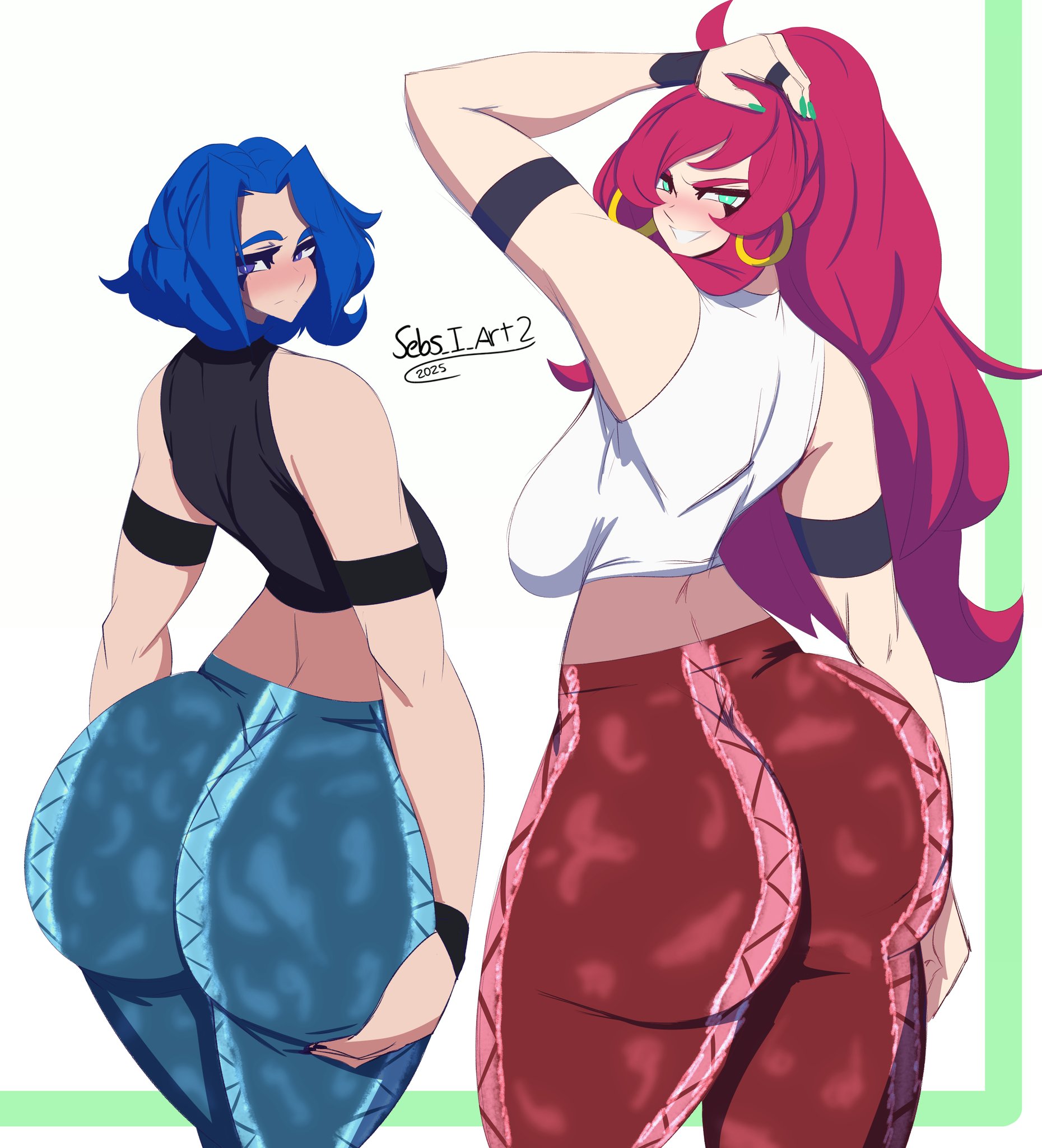 2girls, aria (sebs i art), arms up, ass, ass focus, ass grab, big ass, big breasts, blue eyes, blue hair, breasts, clothed, earrings, female, female focus, female only, flare pants, forbidden pants, from behind, grabbing, grabbing ass, grabbing own ass, green eyes, hoop earrings, huge ass, huge breasts, red hair, rosetta (sebs i art), sebs i art, smile, thick, thick ass, thick thighs