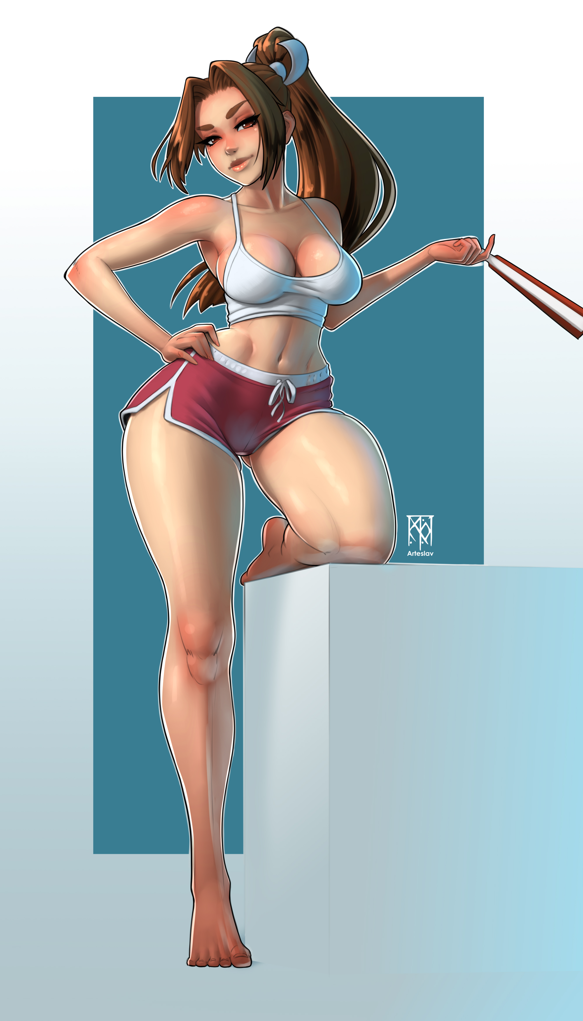 1girls, absurd res, alternate costume, arteslav, barefoot, breasts, brown eyes, brown hair, cameltoe, camisole, cleavage, clothed, dolphin shorts, fatal fury, female, folding fan, hair intakes, hand on hip, highres, hotpants, king of fighters, leg up, legs, linea alba, long hair, long legs, looking at viewer, mai shiranui, mai shiranui (casual), medium breasts, navel, no bra, pink shorts, ponytail, pussy, short shorts, solo, standing on one leg, street fighter, street fighter 6, thick thighs, toes, variant set