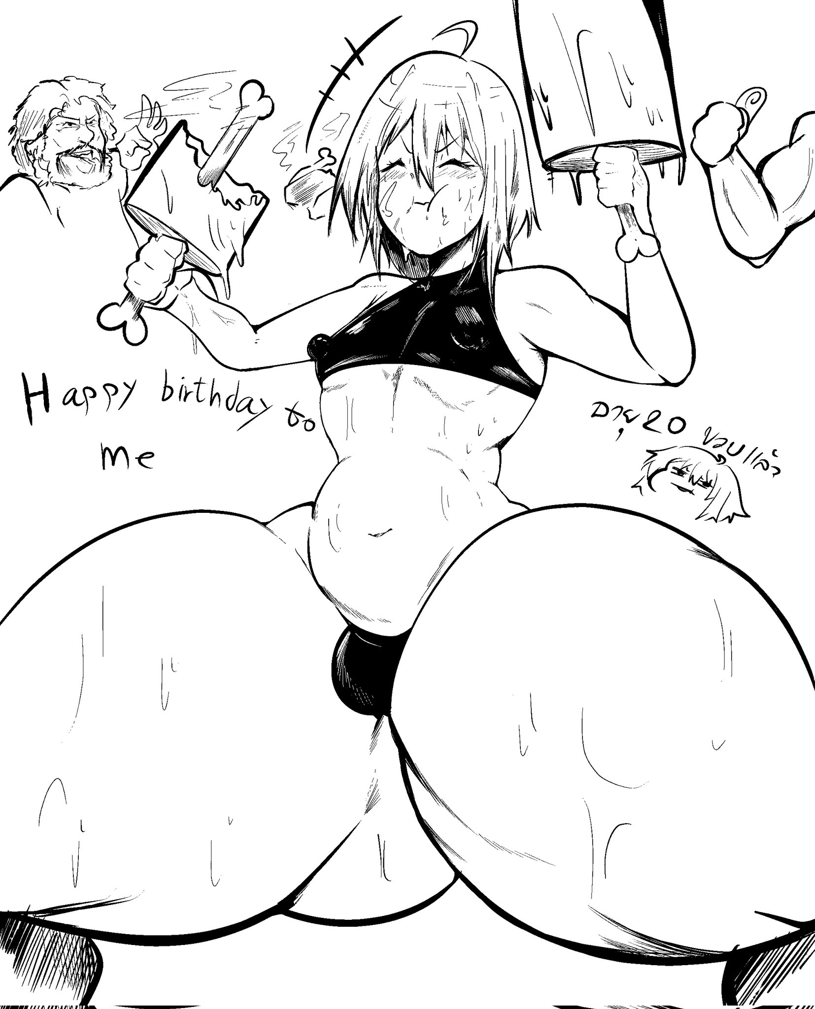 3boys, ahoge, ass visible through thighs, birthday, bone, bulge, bulge in panties, closed eyes, eating, eating food, english text, femboy, food, kimori (kungkimori), kungkimori, legs apart, male, male only, nipples visible through clothing, oc, original, original character, panties, sketch, text, thai text, thick thighs, thighs bigger than head, thighs bigger than torso, thumbs up, uncolored