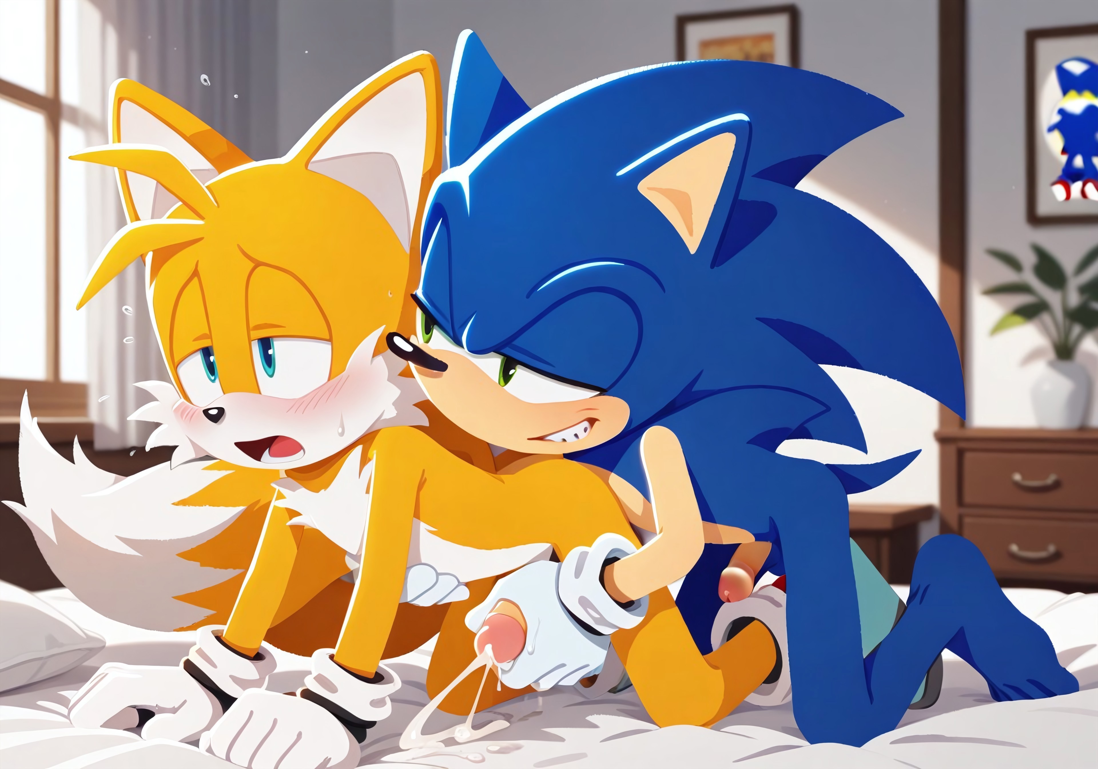 ai generated, blush, ejaculation, gay, handjob, male, male/male, miles tails prower, on all fours, penis, pleasure face, reach around, smug, sonic (series), sonic the hedgehog, sonic the hedgehog (series), tails, tails the fox