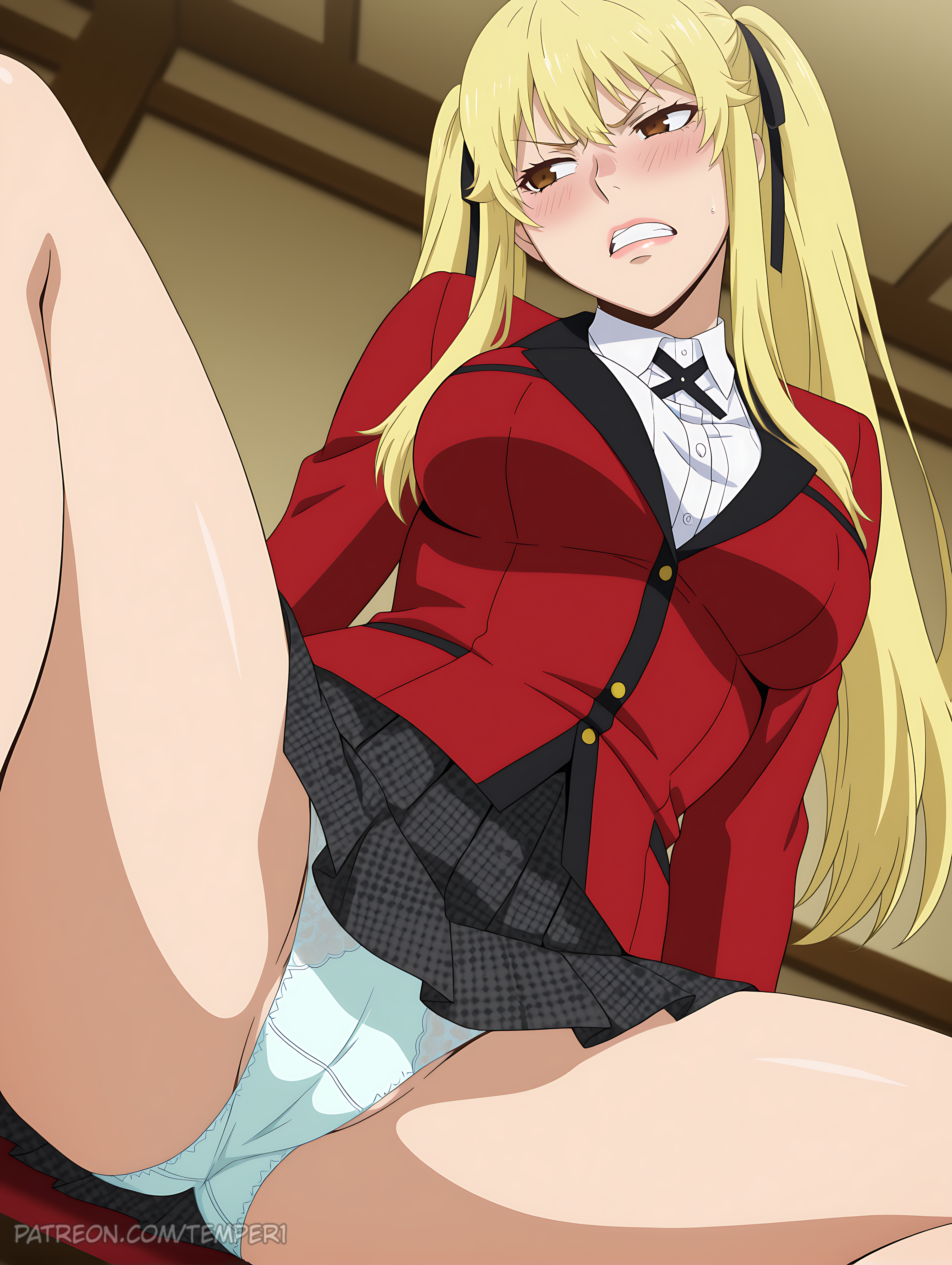 1girls, ai generated, black ribbon, black skirt, blazer, blonde hair, blush, breasts, brown eyes, cameltoe, clenched teeth, collared shirt, female, hair ribbon, indoors, jacket, kakegurui, large breasts, long hair, panties, patreon username, plaid, pleated skirt, pussy, red jacket, ribbon, saotome mary, school uniform, shirt, sitting, skirt, solo, spread legs, teeth, twintails, underwear, web address, white panties, white shirt