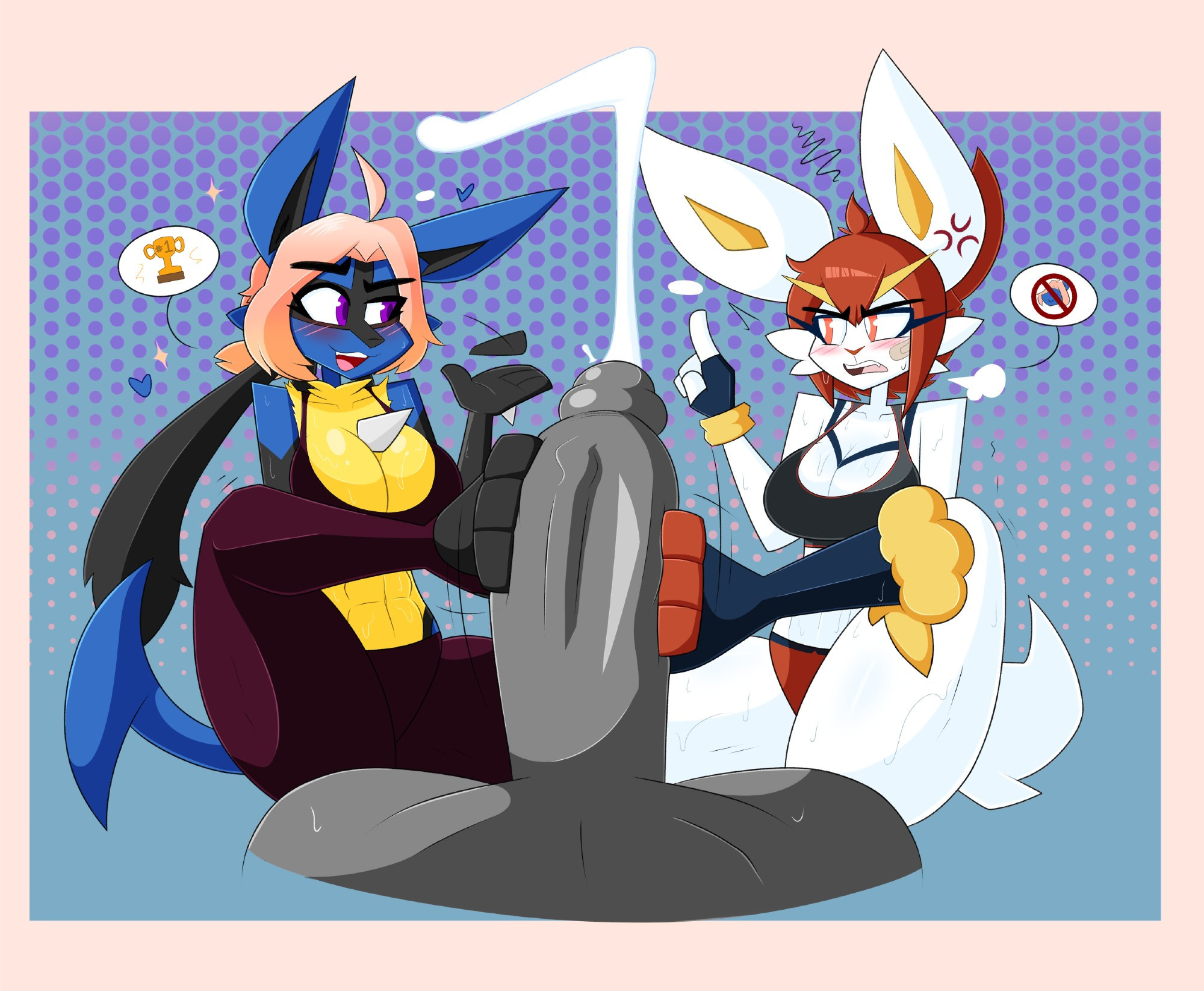 1boy, 2girls, aurabutt, big breasts, big penis, breasts, cinderace, cleavage, collaborative footjob, cum, cumshot, female, foot fetish, footjob, furry, huge breasts, huge cock, kilinah, lucario, male, penis, pokemon, pokemon (species), projectile cum, socks (kilinah), thick thighs, wide hips