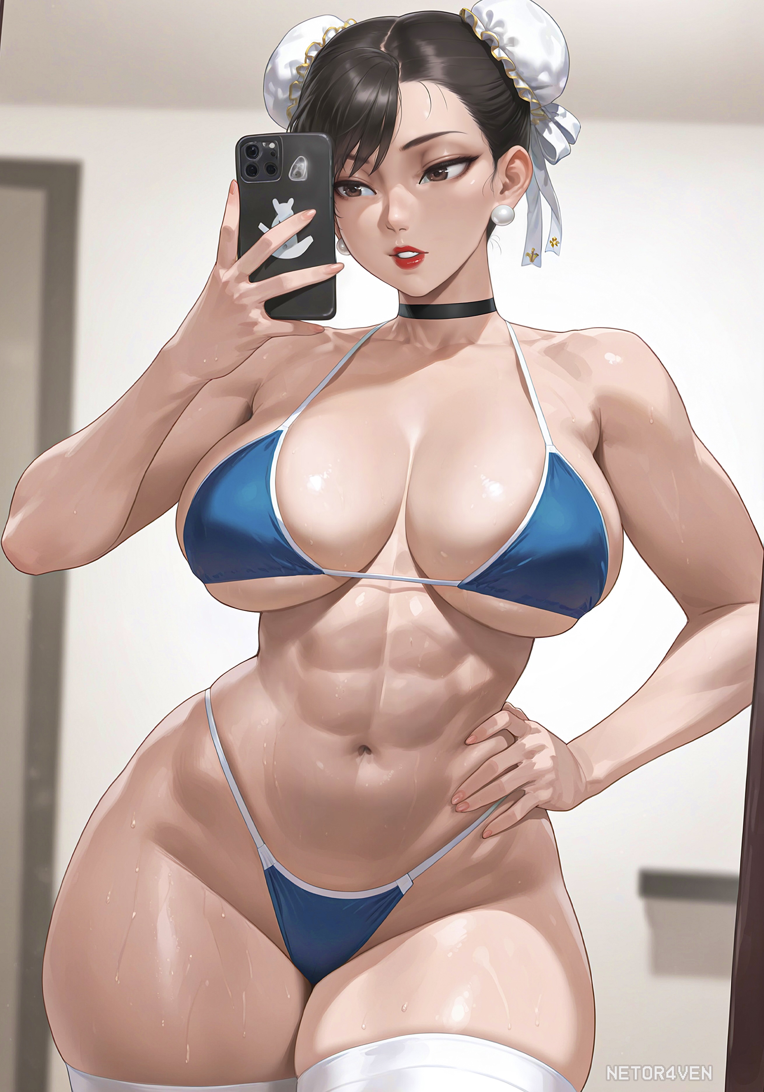 1girls, abs, ai assisted, ai generated, bikini, breasts, brown eyes, brown hair, chun-li, dynamic pose, female, hand on hip, large breasts, lipstick, mirror selfie, netor4ven, selfie, simple background, solo, solo focus, street fighter, white thighhighs