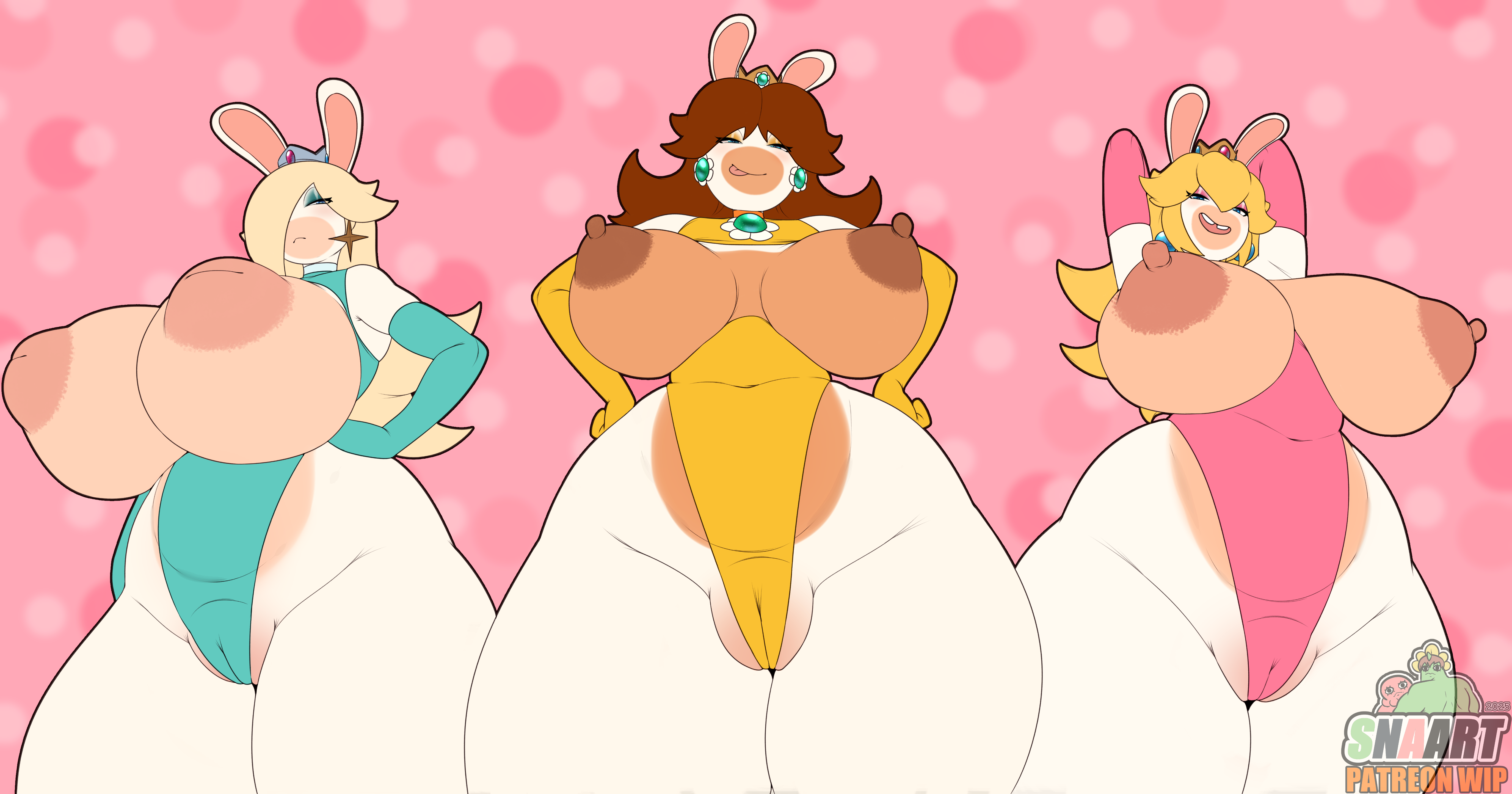 absurd res, areola, big areola, big breasts, blonde hair, breasts, brown hair, camel toe, cameltoe, clothing, dark nipples, female, genitals, group, hair, hand on hip, hands behind head, hi res, huge areola, huge breasts, huge hips, huge thighs, humanoid, hyper, hyper areola, inverted nipples, lagomorph, leotard, looking at viewer, mammal, mario (series), mario bros, navel, nintendo, nipples, open mouth, plump labia, puffy areola, pussy, rabbid, rabbid daisy, rabbid peach, rabbid rosalina, raised arms, raving rabbids, rayman (series), snaart, super mario bros., super mario galaxy, thick thighs, tongue, tongue out, trio, ubisoft, wide hips
