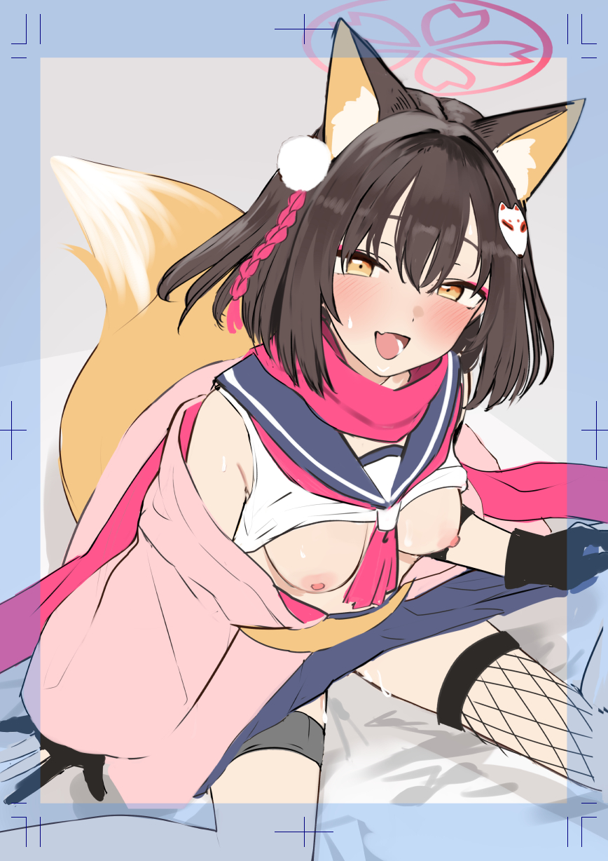 :d animal_ears ariyoshi_gen blue_archive breasts brown_hair female fishnet_thighhighs fishnets fox_ears fox_girl fox_tail grey_background hair_ornament halo highres izuna_(blue_archive) jacket medium_breasts neckerchief ninja nipples no_bra oerba_yun_fang open_mouth pink_jacket pink_neckerchief pink_scarf pleated_skirt purple_skirt scarf school_uniform serafuku simple_background single_thighhigh skin_fang skirt smile solo suggestive_fluid tail thighhighs yellow_eyes