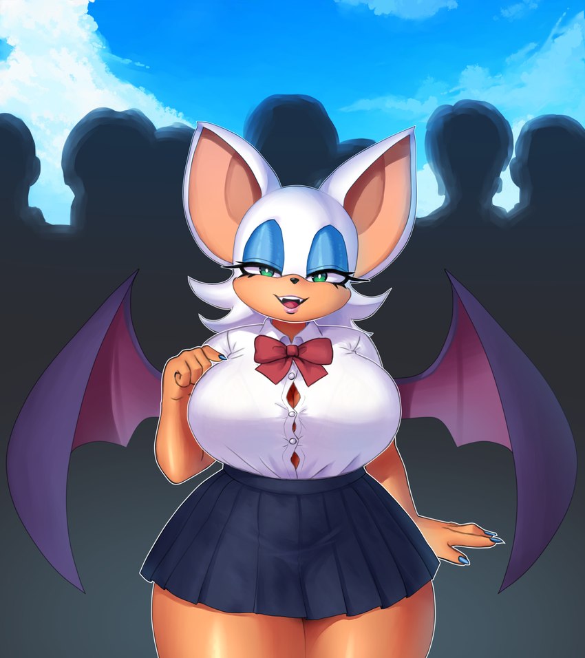 about to burst, about to pop, anthro, barely contained, barely contained breasts, barely fits, bat, bat ears, bat girl, bat wings, bedroom eyes, big breasts, blue eyeshadow, blue fingernails, bottomwear, breasts, breasts too big, bursting breasts, busty, button (fastener), button down shirt, button gap, buttons, cleavage, clothing, curvy, curvy female, curvy figure, fangs, female, furry, furry female, hair, huge breasts, imminent wardrobe malfunction, looking at viewer, membrane (anatomy), membranous wings, narrowed eyes, navel, painted fingernails, painted nails, rouge the bat, school uniform, seductive, sega, shirt, short stack, shortstack, skirt, smiling, solo, sonic (series), sonic the hedgehog (series), strained, strained buttons, straining buttons, straining clothing, tan body, tan fur, tan skin, teal eyes, teeth, thick thighs, thighs, tight clothing, tight fit, topwear, uniform, voluptuous, voluptuous female, wakenart, white hair, wide hipped anthro, wide hipped female, wide hips, wings