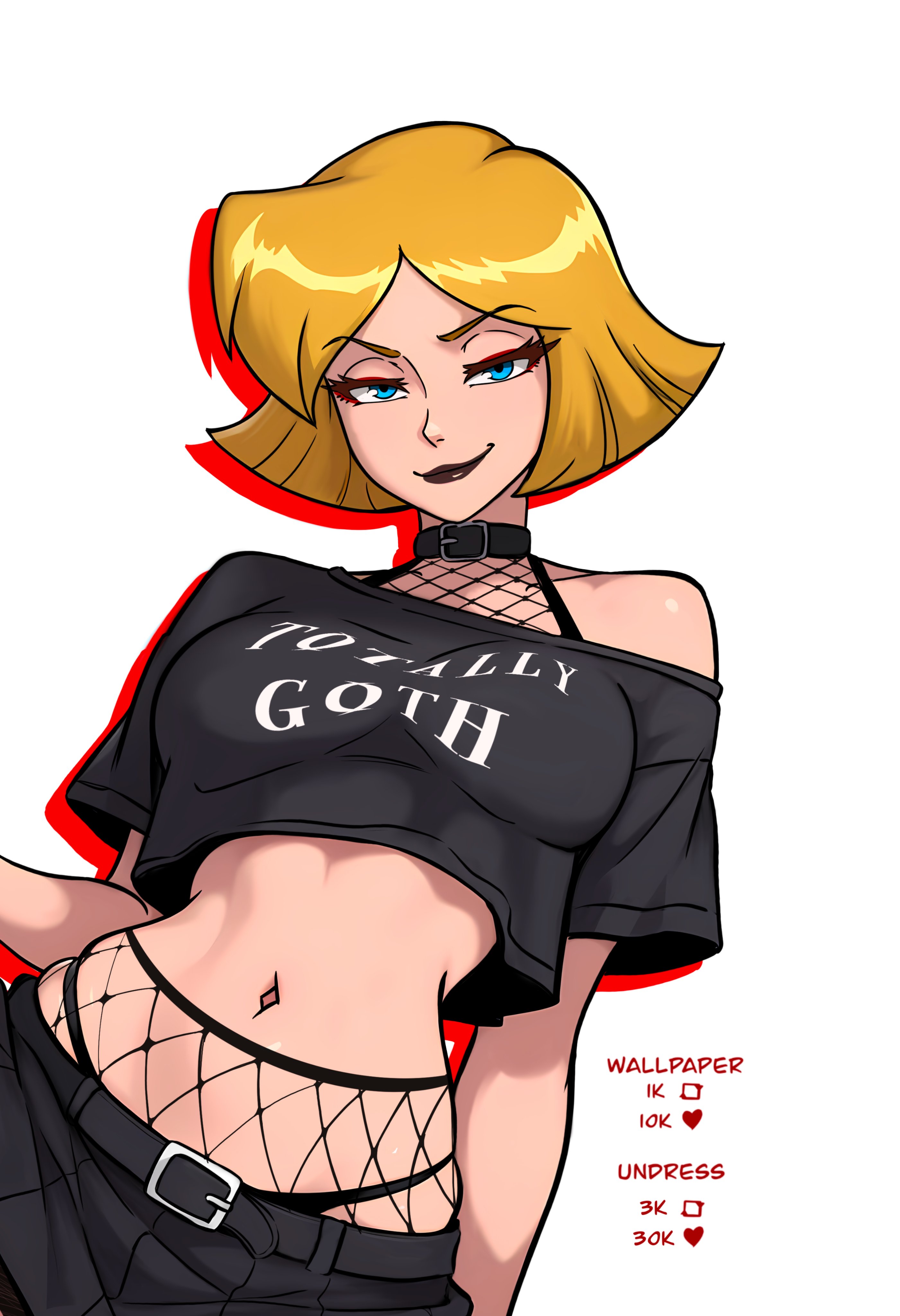 1girls, ai generated, black lipstick, blonde female, blonde hair, blue eyes, clover (totally spies), female, female only, fishnet shirt, fishnets, goth, goth girl, light skin, light-skinned female, lipstick, redpostit, totally spies