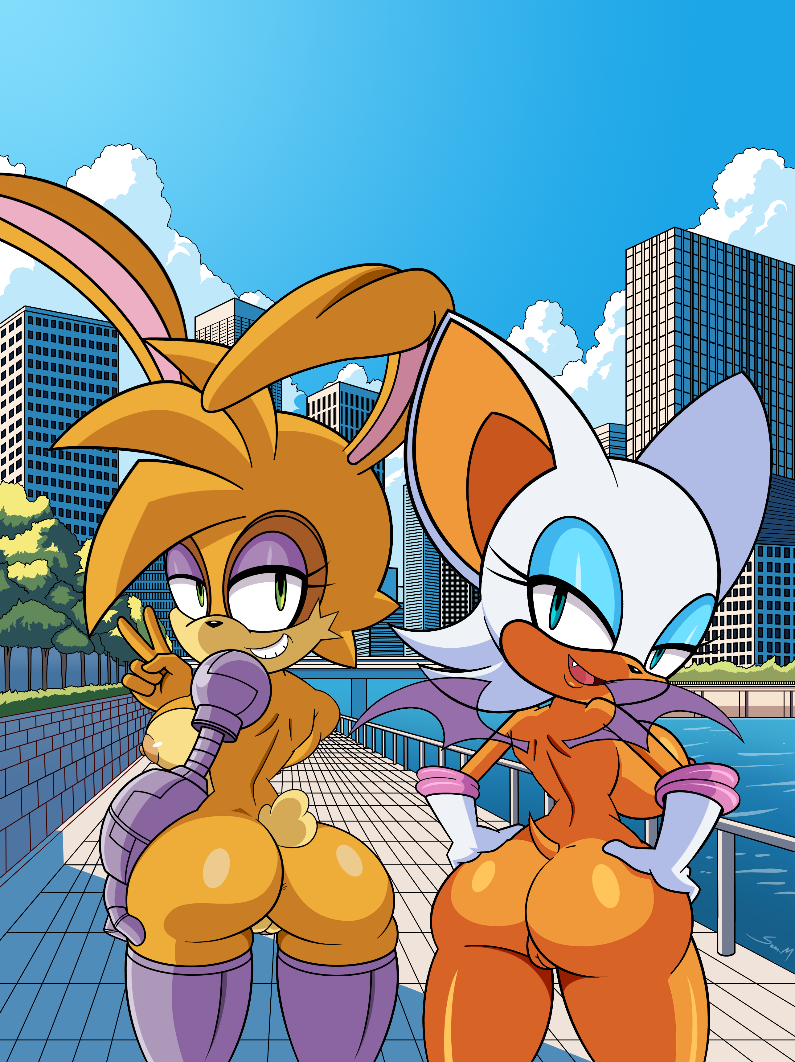 2girls, absurd res, anthro, archie comics, ass, bat, big ass, big butt, bodysuit, bright colors, building, bunnie rabbot, city, cityscape, cybernetic limb, cybernetics, duo, female, gesture, glistening, glistening body, hand, hand on hip, hi res, lagomorph, leotard, leporid, looking at viewer, looking back, machine, mammal, mobian monster, nipples, nude, outdoor nudity, outdoors, presenting, presenting hindquarters, public, public nudity, pussy, rabbit, river, rouge the bat, sonic (series), sonic the hedgehog (archie), sonic the hedgehog (comics), sonic the hedgehog (series), v sign