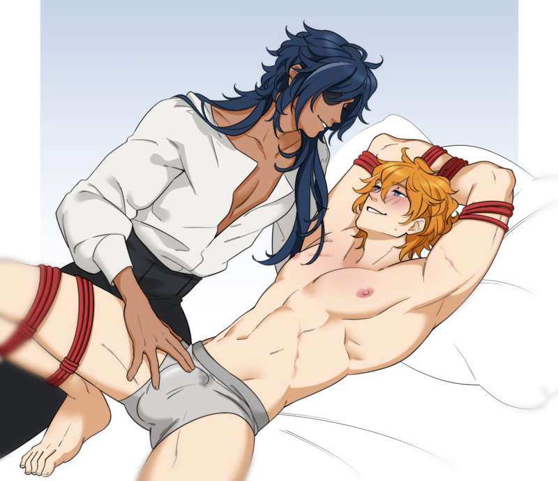 2boys, blue eyes, blue hair, childe (genshin impact), dark skin, genshin impact, hoyoverse, kaeya (genshin impact), long hair, male, male only, tartaglia (genshin impact), teasing, tied hands, tied up, yaoi
