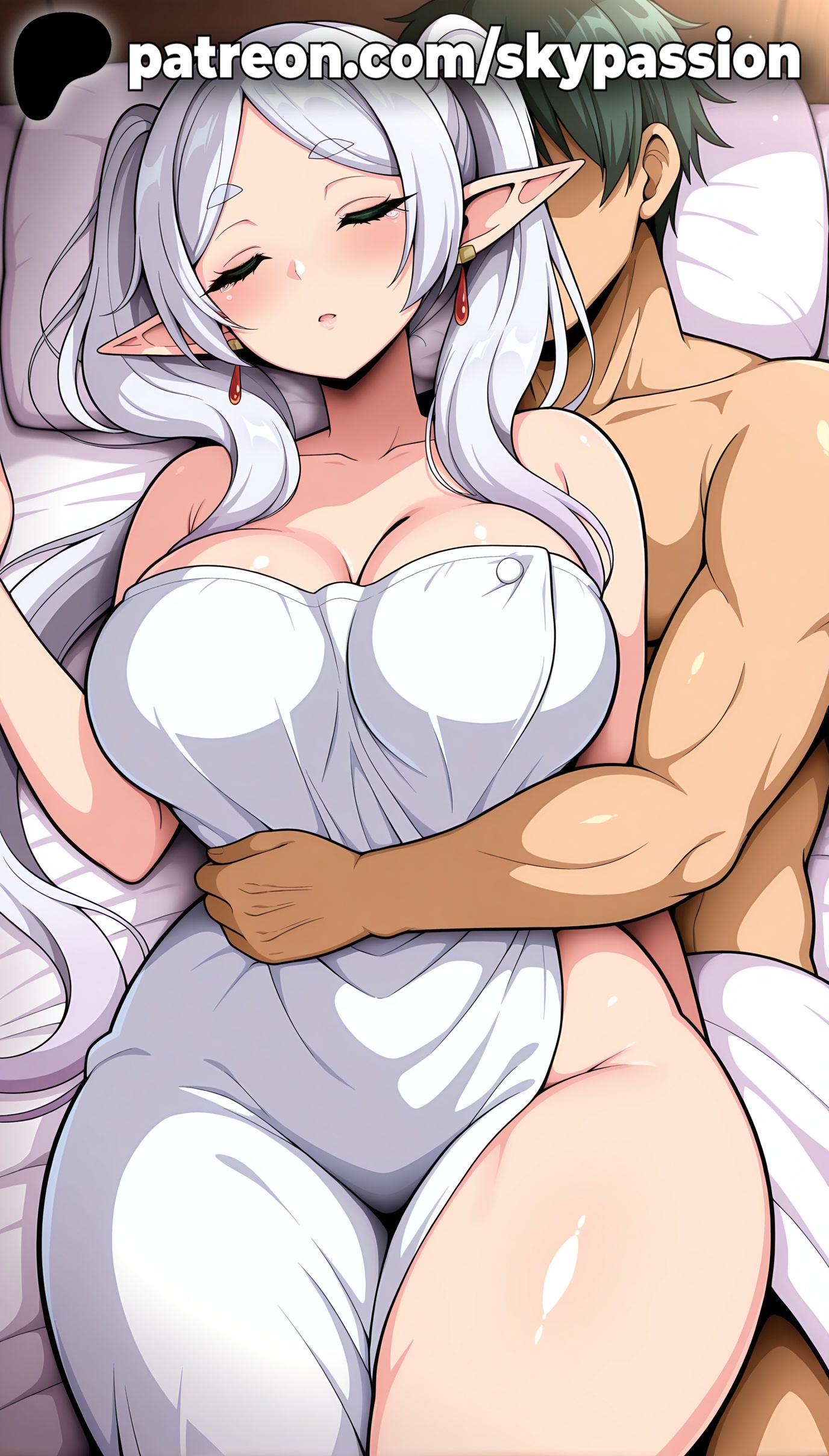 1boy, 1girls, 2025, ai assisted, ai generated, anime, artist name, bed, bed sheet, big breasts, big chest, blanket, blush, breasts, breasts covered, bust, busty, chest, closed eyes, cross earrings, earrings, elf, elf ears, female, frieren, frieren beyond journey's end, hat, hi res, high quality, high resolution, highres, hug, hug from behind, hugging partner, jewelry, large breasts, laying down, long hair, long pointy ears, lying, lying on back, male, nude, on back, on bed, patreon, patreon username, pillow, pointy ears, romantic couple, silver hair, skypassion, sleeping, sousou no frieren, stable diffusion, straight, thick thighs, thighs, twintails, under covers, watermark, zzz