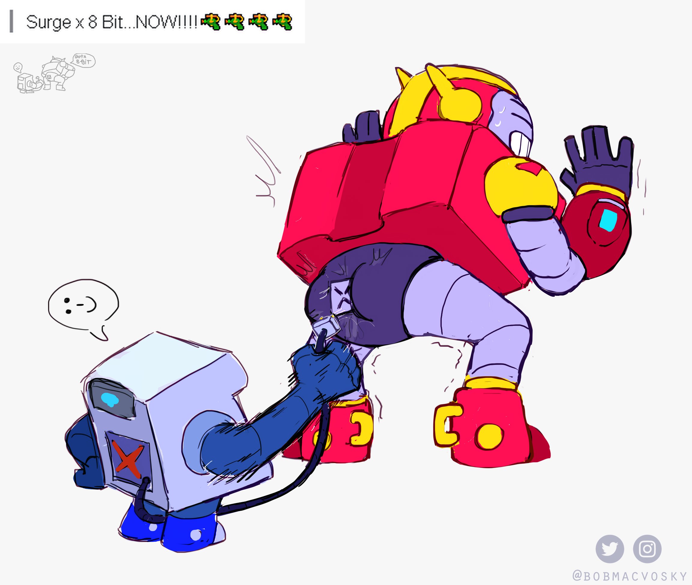 2024, 2boys, 8-bit (brawl stars), anus, ass, bobmacvosky, bodily fluids, brawl stars, closed eyes, cord, duo, electric plug, electrical cord, electrical outlet, electrical plug, funny, gay, grin, hi res, humanoid, larger male, machine, male, male only, male/male, metallic body, motion lines, outlet, plug, robot, robot humanoid, simple background, size difference, smaller male, smile, standing, supercell, surge (brawl stars), sweat, tan background, teeth, unusual anatomy, unusual anus, yaoi