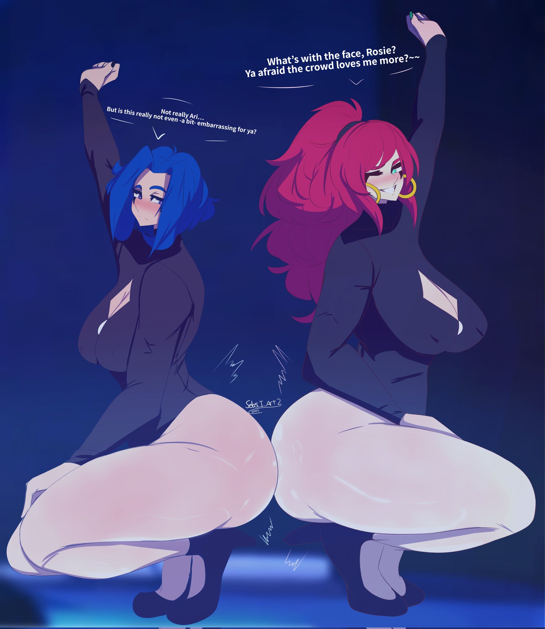 2025, 2girls, aria (sebs i art), arms up, ass, ass focus, bare legs, big ass, big breasts, blue eyes, blue hair, breasts, clapping ass, clapping cheeks, clothed, dialogue, earrings, female, female focus, female only, green eyes, hoop earrings, huge ass, huge breasts, leotard, oiled, oiled skin, open clothes, ponytail, red hair, rosetta (sebs i art), sebs i art, short hair, smile, squatting, thick, thick ass, thick thighs, thighs, twerking, twerking with arm raised