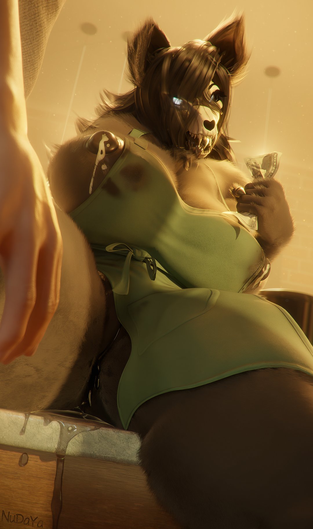 1girls apron apron_only female fluffy furry huge_breasts lactating lactation looking_at_viewer mal0 malo money nudaya scp-1471 scp-1471-a scp_foundation skull_head wet_pussy