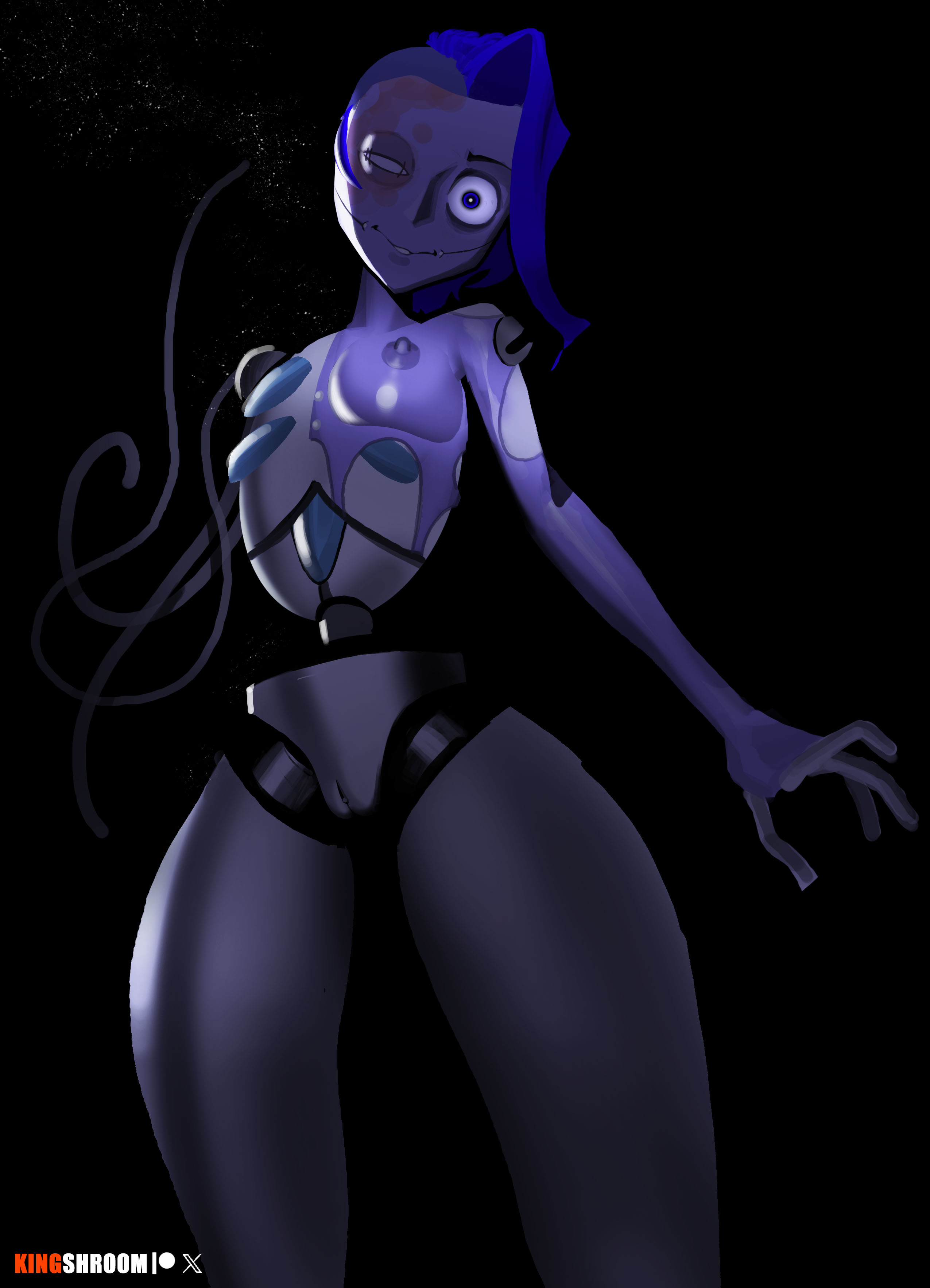 damaged, female, female only, female robot, guinevere, gwen (knights of guinevere), kingshroom, knights of guinevere, looking at viewer, nipples, pinup, princess guinevere, robot girl, robot humanoid, sexbot