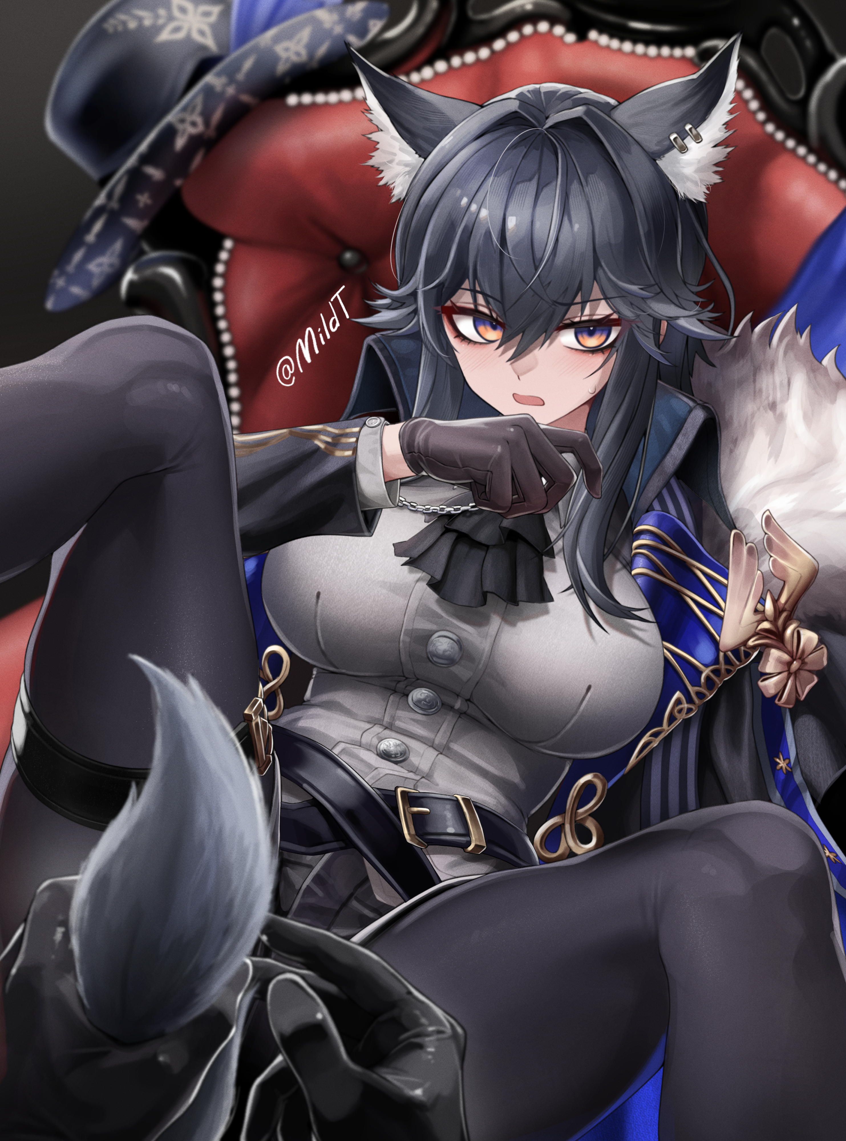 1boy, 1girls, 2025, animal ears, arknights, artist name, black hair, blush, earrings, female, hi res, kemonomimi, legs apart, light skin, light-skinned female, lying, lying on back, male, mildt, pantyhose, spread legs, tail, tail grab, texas (arknights), texas the omertosa (arknights), wolf ears, wolf girl, wolf tail