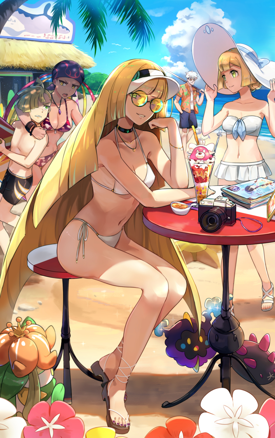 2boys, 3girls, ahoge, alternate breast size, bandana, bare shoulders, beach, bewear, bikini, bikini top only, black hair, black jammers, black male swimwear, blonde hair, blue male swimwear, blue swim trunks, blush, breasts, camera, camouflage, camouflage bikini, choker, closed mouth, cloud, collarbone, comfey, cosmog, day, drink, elesa (pokemon), female, flower, gladion (pokemon), glasses, green eyes, guzma (pokemon), hair between eyes, hair over one eye, hat, hat tug, hawaiian shirt, highres, hsin, jammers, jewelry, large breasts, legendary pokemon, lillie (pokemon), lilligant, long hair, looking at viewer, lusamine (pokemon), male, male swimwear, mantine, mother and daughter, mother and son, multicolored hair, multiple boys, multiple females, multiple girls, multiple males, nail polish, necklace, nintendo, open mouth, palm tree, palm tree print, parted lips, pink hair, plumeria (pokemon), pokemon, pokemon (species), pokemon sm, pyukumuku, sand, sandals, shirt, short hair, sitting, sky, small breasts, smile, spiked hair, sunglasses, surfboard, swim cap, swim trunks, swimsuit, teeth, tinted eyewear, toenail polish, toenails, tree, two-tone hair, very long hair, visor cap, water, white bikini, white hair, wimpod, yellow eyes, yellow-tinted eyewear, yellow-tinted glasses