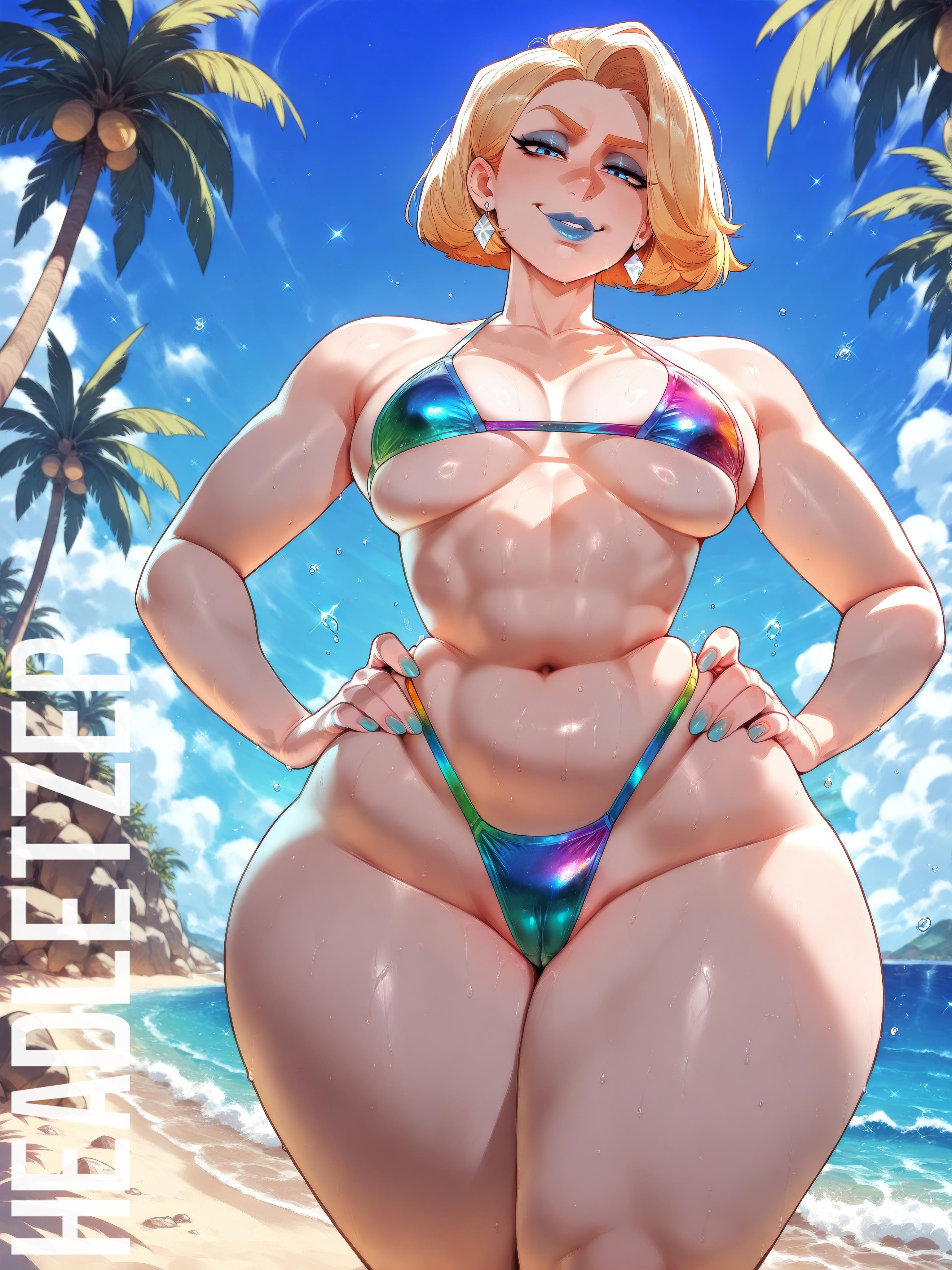 ai assisted, ai generated, bare, bare arms, bare legs, bare shoulders, bare thighs, beach, belly button, below view, bikini, blonde female, blonde hair, blue eyes, blue eyeshadow, blue lipstick, blue nails, bob cut, breasts, cameltoe, caucasian, caucasian female, earrings, emma frost, emma frost (marvel rivals), female, half-closed eyes, hands on hips, headletzer, hourglass figure, labia majora, legs together, looking at viewer, looking down, low-angle view, marvel, marvel comics, marvel rivals, mature female, micro bikini, milf, palm tree, pussy, sea, sky, slightly open mouth, smile, smiling, smiling at viewer, smirk, tagme, thick legs, thick thighs, toned female, underboob, viewed from below, wide hips