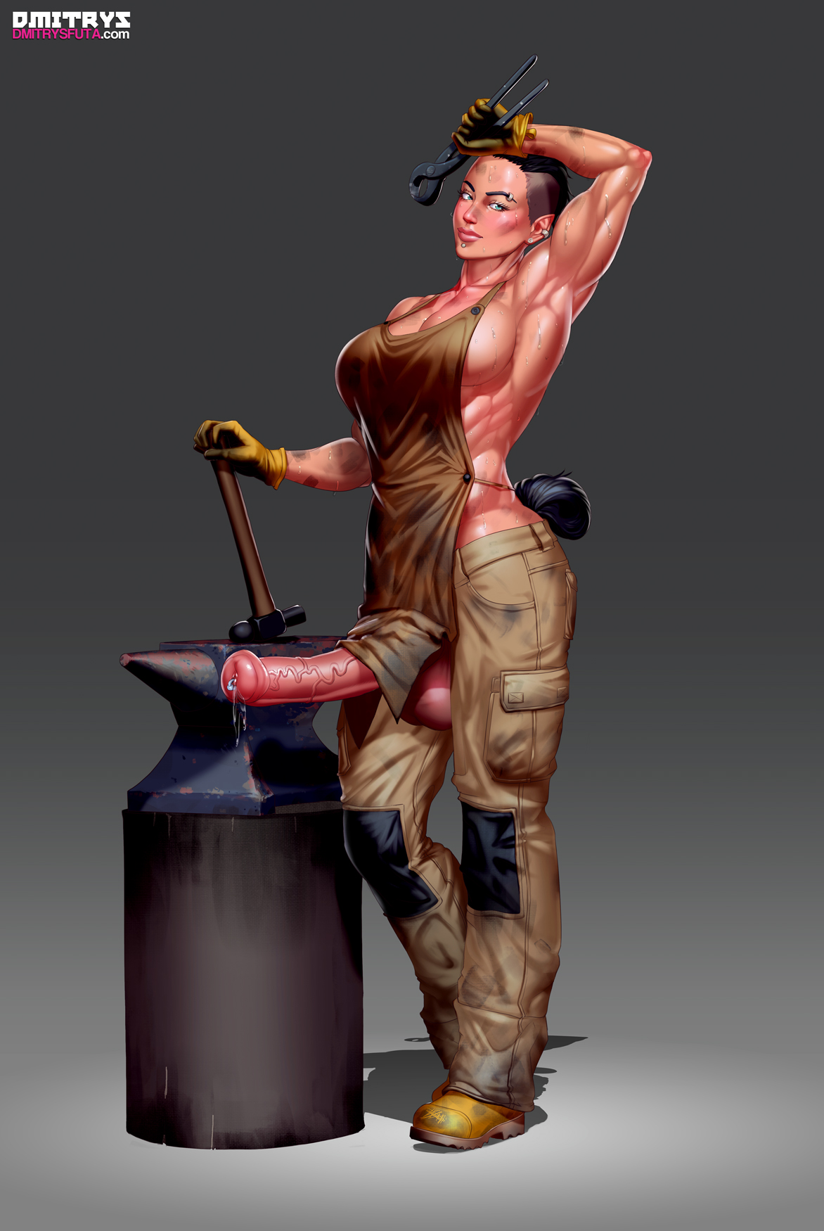1futa, abs, animal genitalia, animal genitalia on humanoid, animal penis, apron, balls, blacksmith, dmitrys, equine penis, erection, futa only, futanari, horsecock, horsecock futa, horsecock on humanoid, huge cock, human with animal genitalia, human with horsecock, intersex, large balls, large penis, muscles, muscular, muscular futa, penis, penis under clothes, precum, solo, solo futa, standing