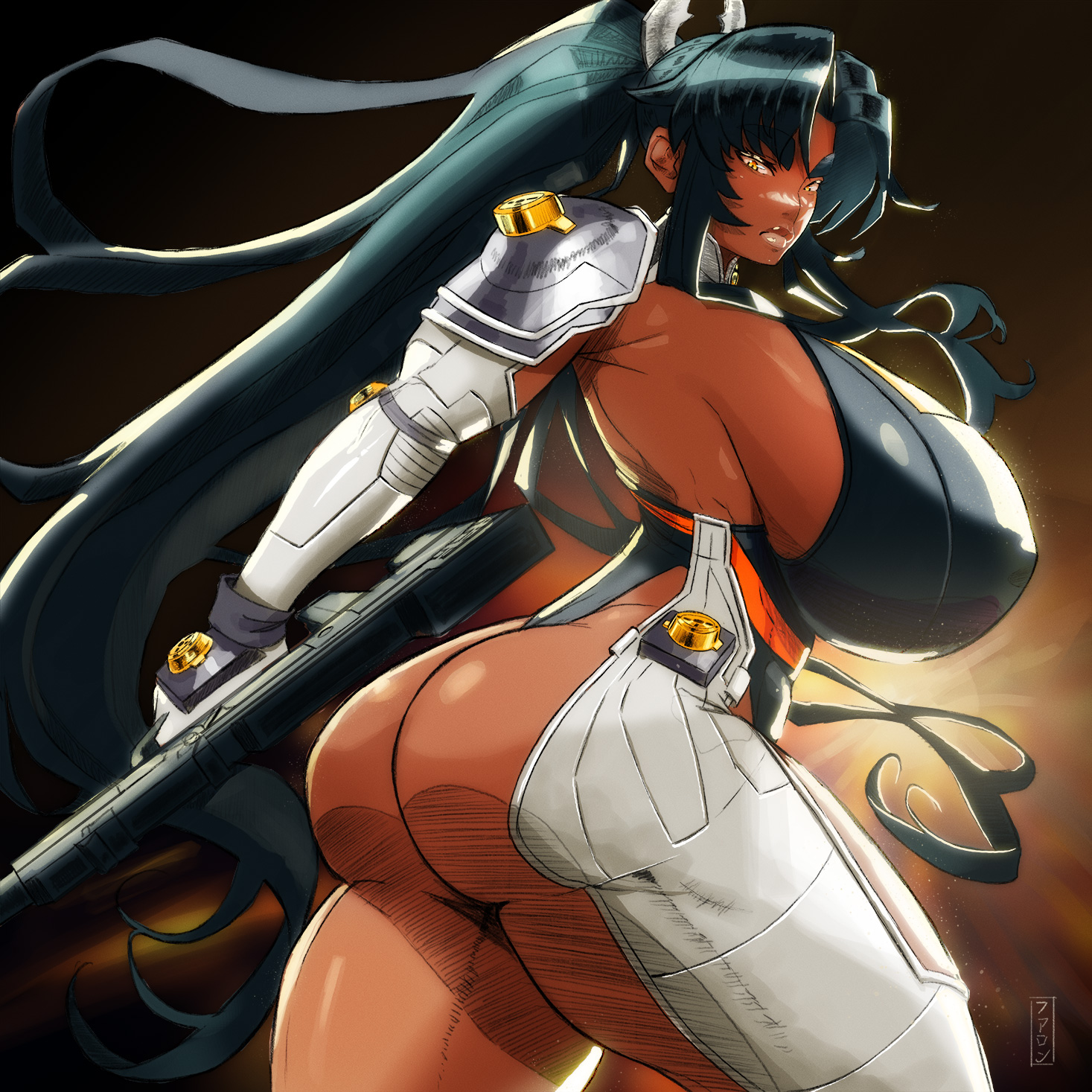 1girls, ass, ass focus, big ass, black hair, breasts, bullpup, dark skin, dark-skinned female, female, female only, gigantic breasts, huge ass, huge breasts, mirabell bell, ponytail, rifle, solo, taimanin (series), taimanin asagi battle arena, tonyfarronhart