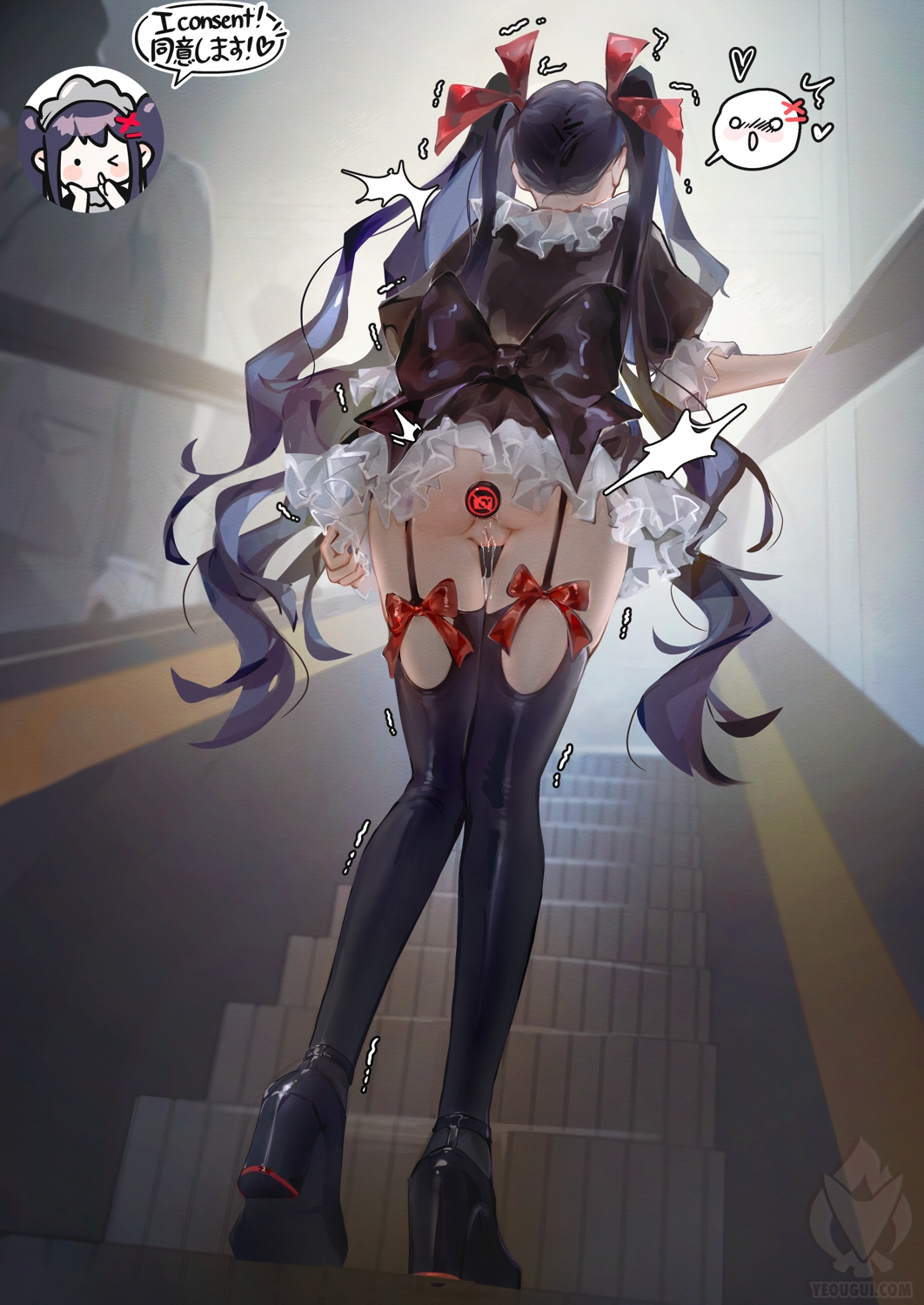 anal anal_object_insertion ass black_dress black_hair black_shoes black_thighhighs butt_plug chibi chibi_inset dress escalator female full_body garter_straps high_heels highres long_hair no_panties object_insertion original pussy pussy_juice sex_toy shoes solo spoken_blush standing thighhighs trembling very_long_hair yeougui