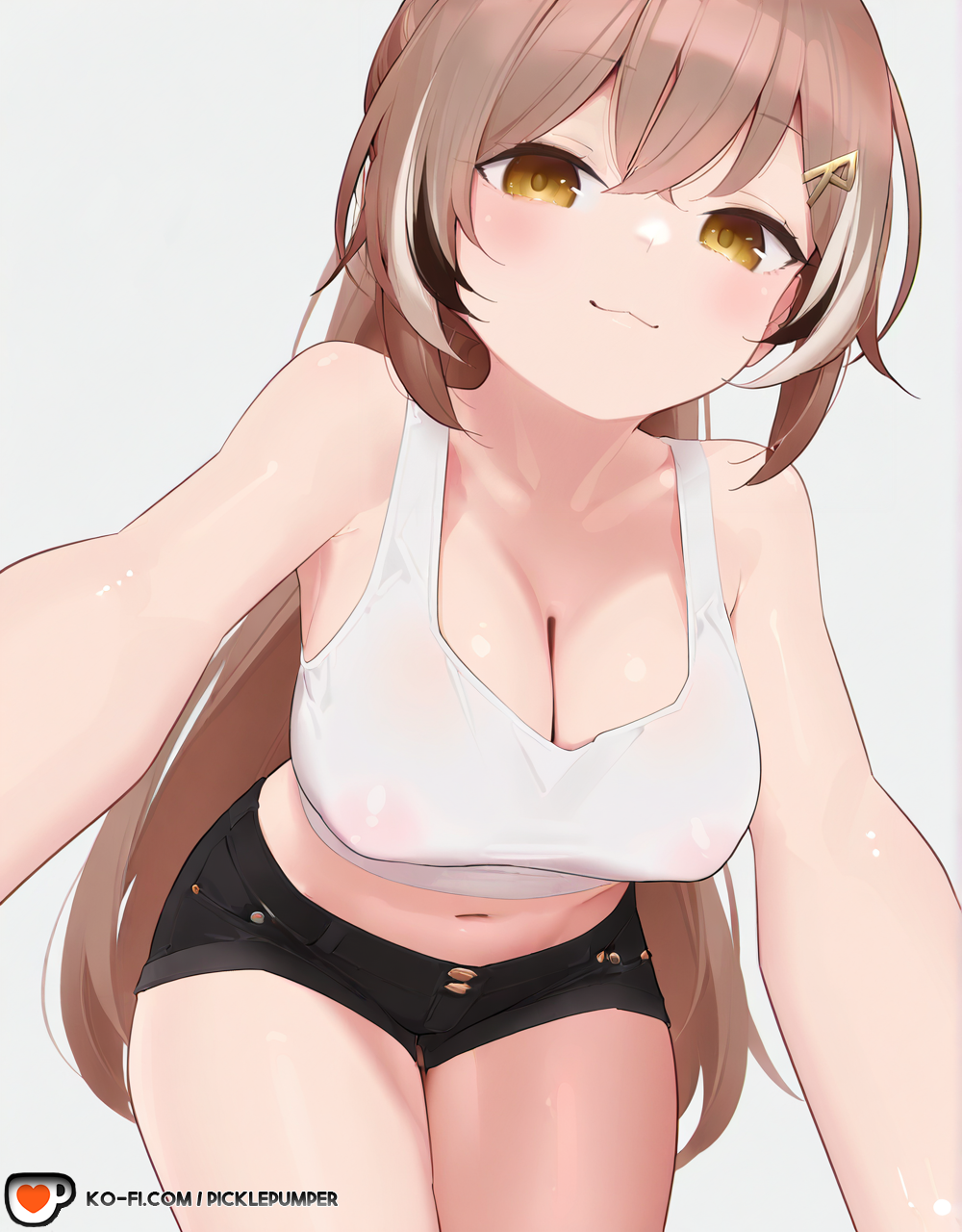 :3 ahoge ai_generated bangs black_shorts blush breasts brown_eyes brown_hair cleavage collarbone covered_nipples female hair_between_eyes hair_ornament hairclip hololive hololive_english hololive_english_-council- hololive_english_-promise- large_breasts long_hair looking_at_viewer midriff multicolored_hair nanashi_mumei navel picklepumper ponytail short_shorts shorts simple_background smile solo streaked_hair tank_top thigh_gap very_long_hair virtual_youtuber white_background