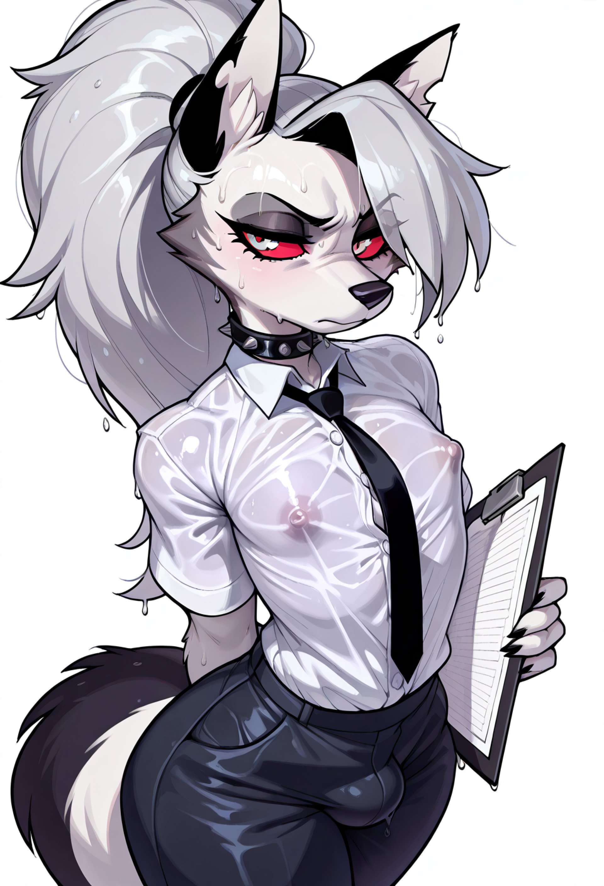 ai generated, annoyed, bulge, bulge through clothing, business attire, dress pants, dress shirt, femboy, frustrated, genderswap, genderswap (ftm), helluva boss, loona (helluva boss), male, male loona, ndulge, nipples, nipples visible through clothing, rule 63, sweat, sweaty, wet, wet shirt