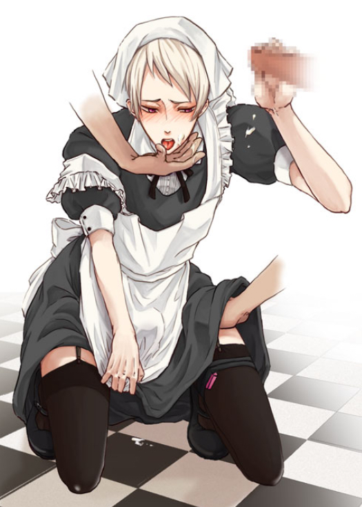 1boy, axis powers hetalia, feminization, gilbert weillschmidt, hetalia, maid, maid uniform, male, male only, prussia (hetalia), solo focus, thighhighs, uniform